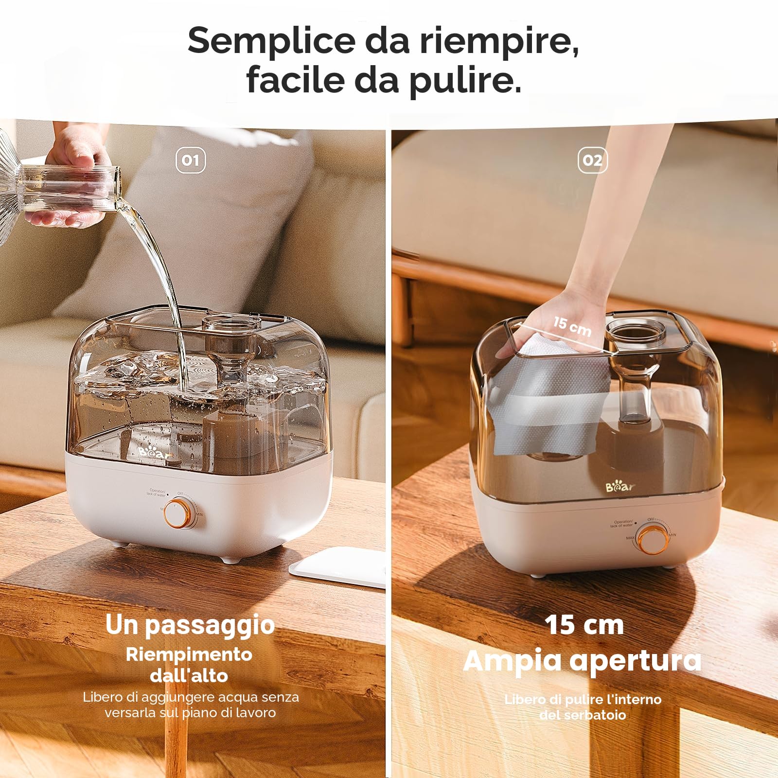 BEAR Umidificatore 5L a Riempimento Dall'alto, 28dB Ultra Silenzioso, Adatto a Bambini e Piante, 35 Ore Di Funzionamento, con Vassoio per Aromi, Ugello Rotante a 360°, Spegnimento Automatico
