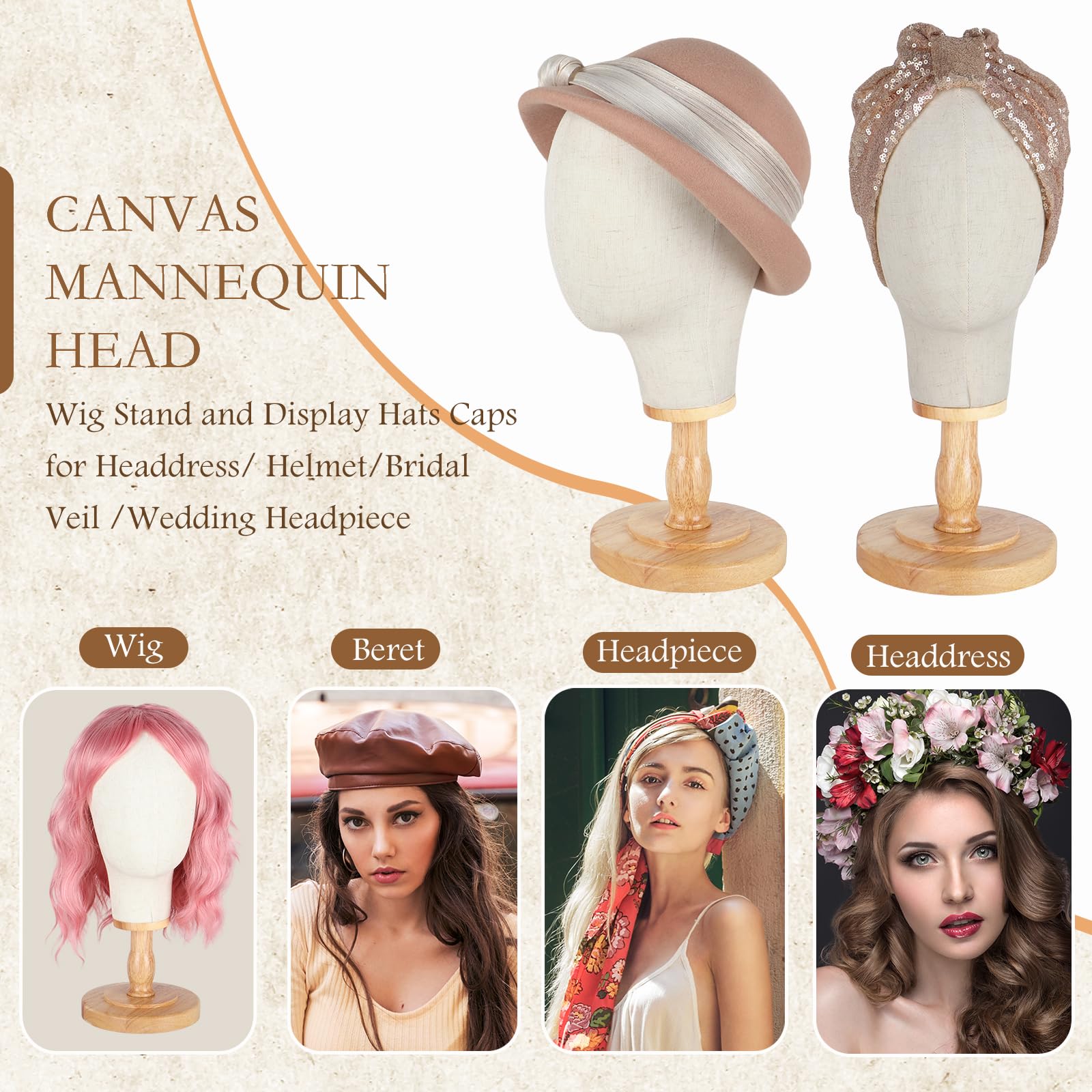 DaizySight Canvas Wig Stand Mannequin Head for Hat Display 21" Neutral Canvas Head with Detachable Wooden Base - Image 4