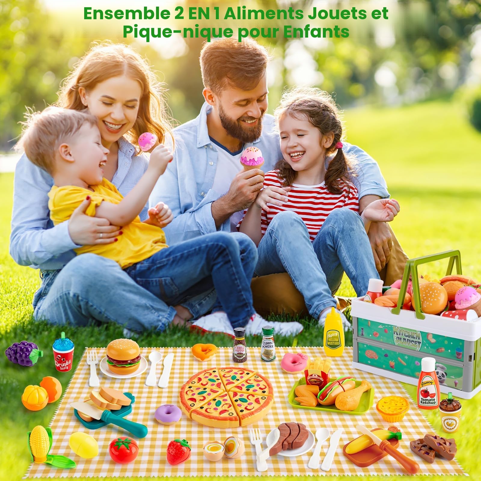 SEMKOTREE Accessoire Cuisine Enfant, Dinette Enfant Ustensile Cuisine Enfant, Jeu de Role de Chef Kit avec Nourriture Jouet Couteau Enfant Panier Pique Nique Exterieur