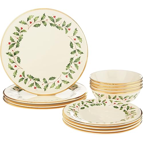 Lenox Holiday 12-Piece Plate & Bowl Set, 14.90 LB, Red & Green