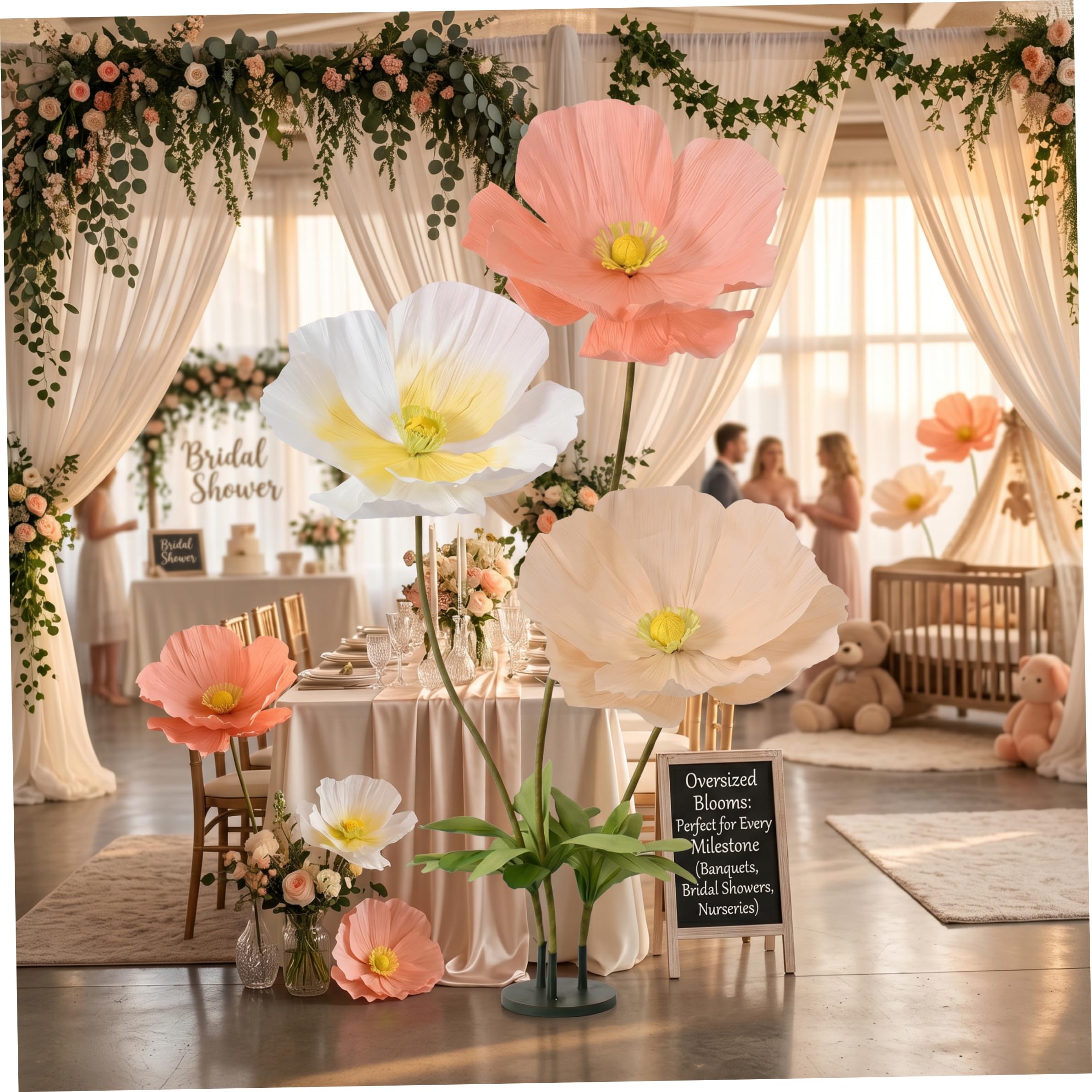 Flores Grandes para Decoración, Flores Gigantes para Decoración con Soporte, Amapolas Artificiales para Jardín, Hotel, Oficina, Accesorios de Fotografía, Boda, Galería de Arte, Escaparate - 6 pies/17