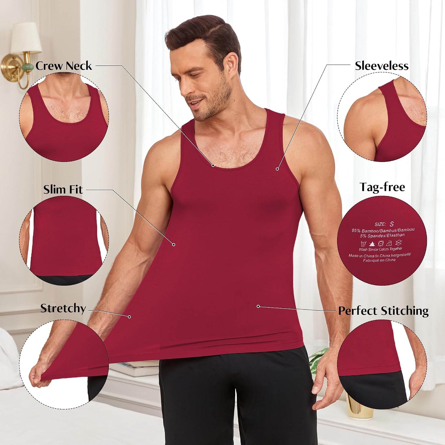 COLORFULLEAF Men's Tank Top Bamboo Rayon Undershirts Moisture-Wicking Cool Slim Fit T Shirts for Men(3F S)