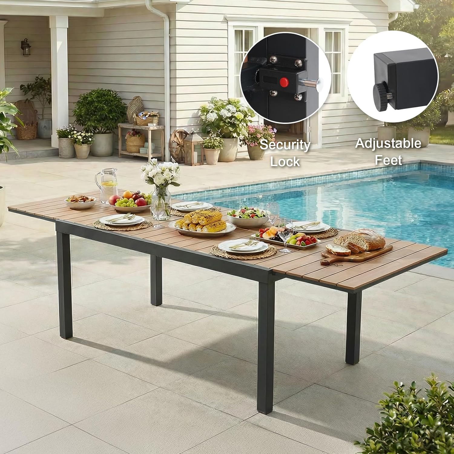 SUNSITT 9 Piece Outdoor Patio Dining Set, 63" - 105" Aluminum Expandable Outdoor Dining Table w/Thermal Transfer Wood Grain Tabletop, 8 Woven Wicker Patio Chairs w/Curved Backrest for Garden