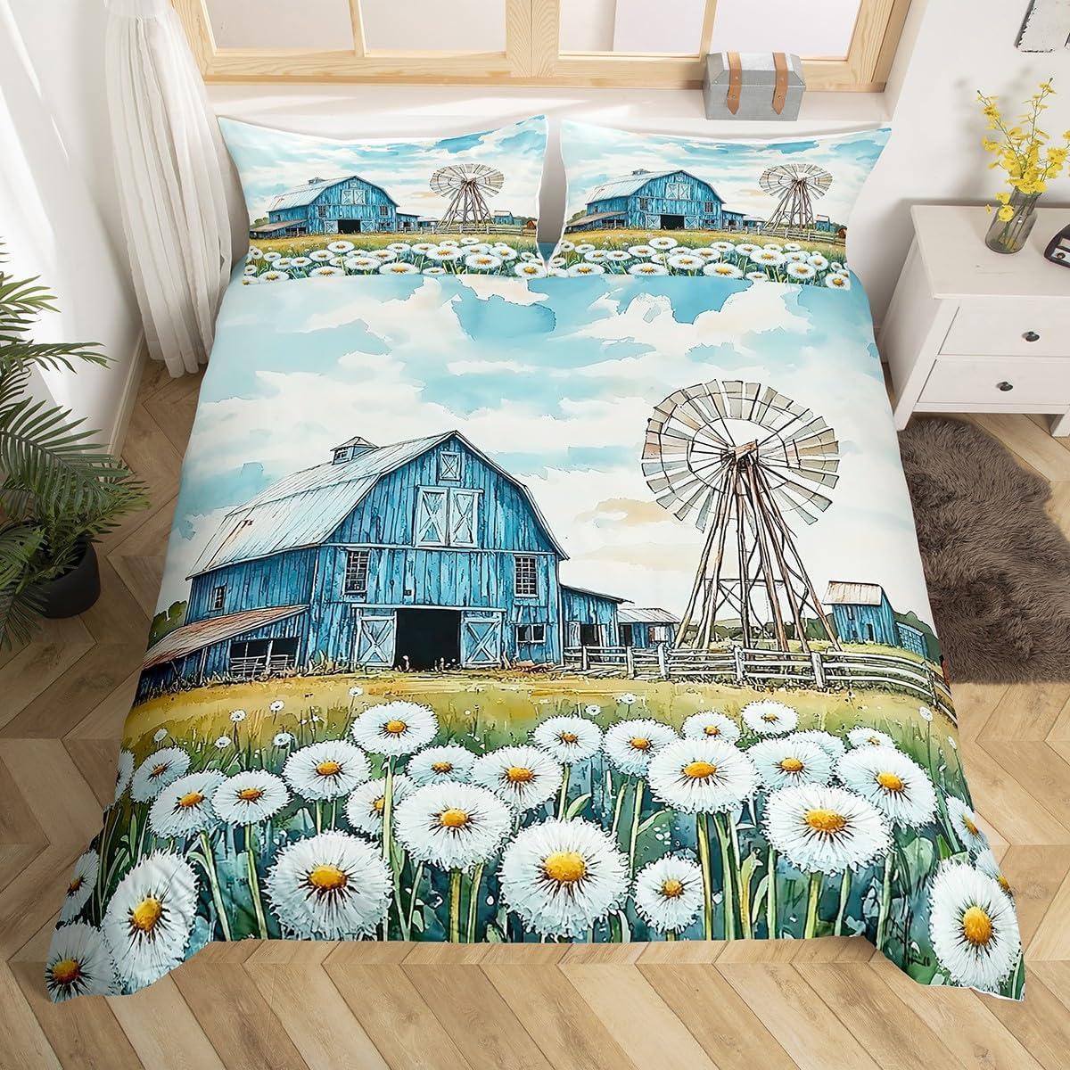 Erosebridal Rustic Farmhouse Comforter Cover Twin Size Retro Turquoise Barn and Windmill Duvet Cover Vintage Blue Floral Bed Set Rural Country Lodge Cabin Bedding Set Farmhouse Decor