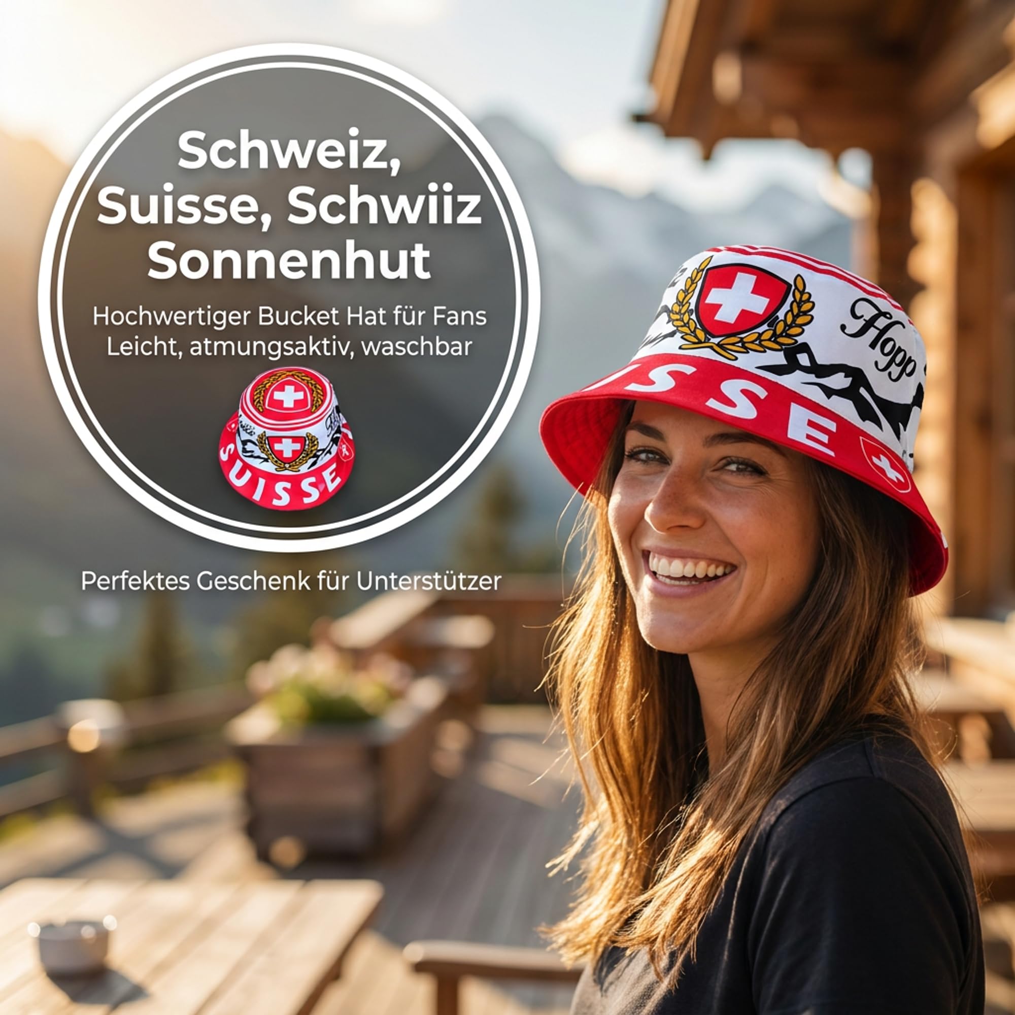 Generisch Suiza, Suisse, Schwiiz, sombrero para el sol, sombrero de pescador, sombrero militar, sombrero de cubo, azul, blanco, rojo, 59