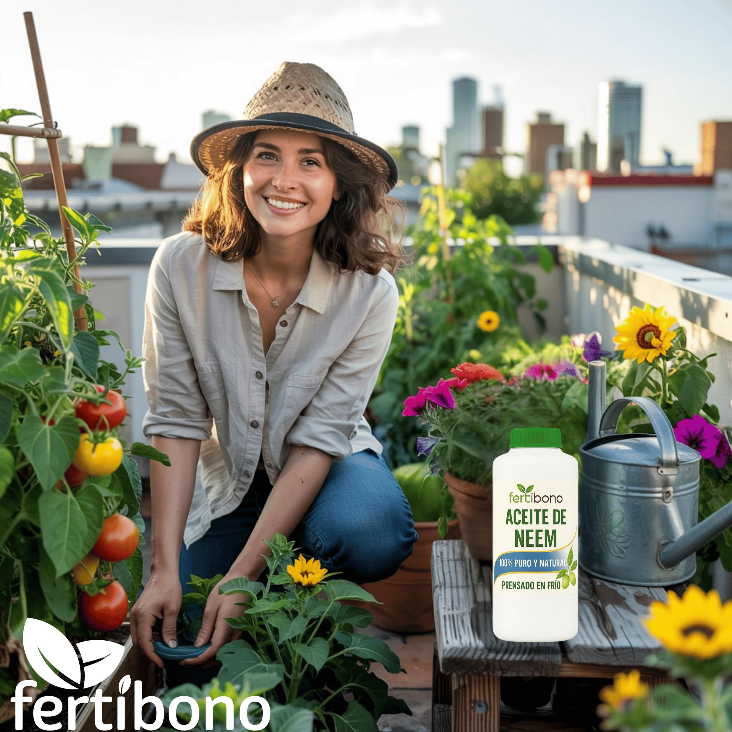 FERTIBONO Aceite de Neem 100% Puro, 1 L, Prensado en Frío, Multiusos para Plantas, Huerto y Jardín