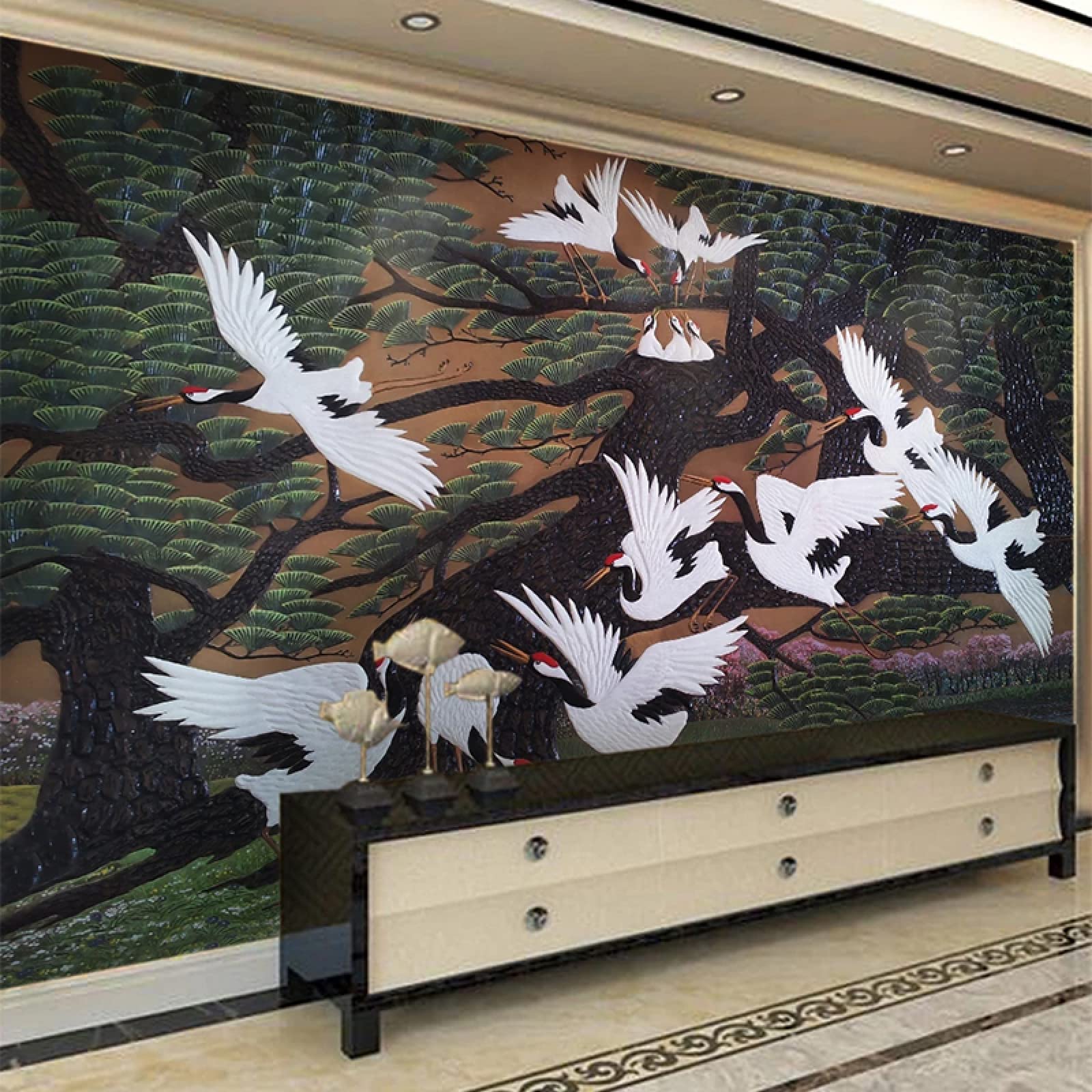 Papier peint style chinois 3D avec pin et grue pour salon 250x175cm
