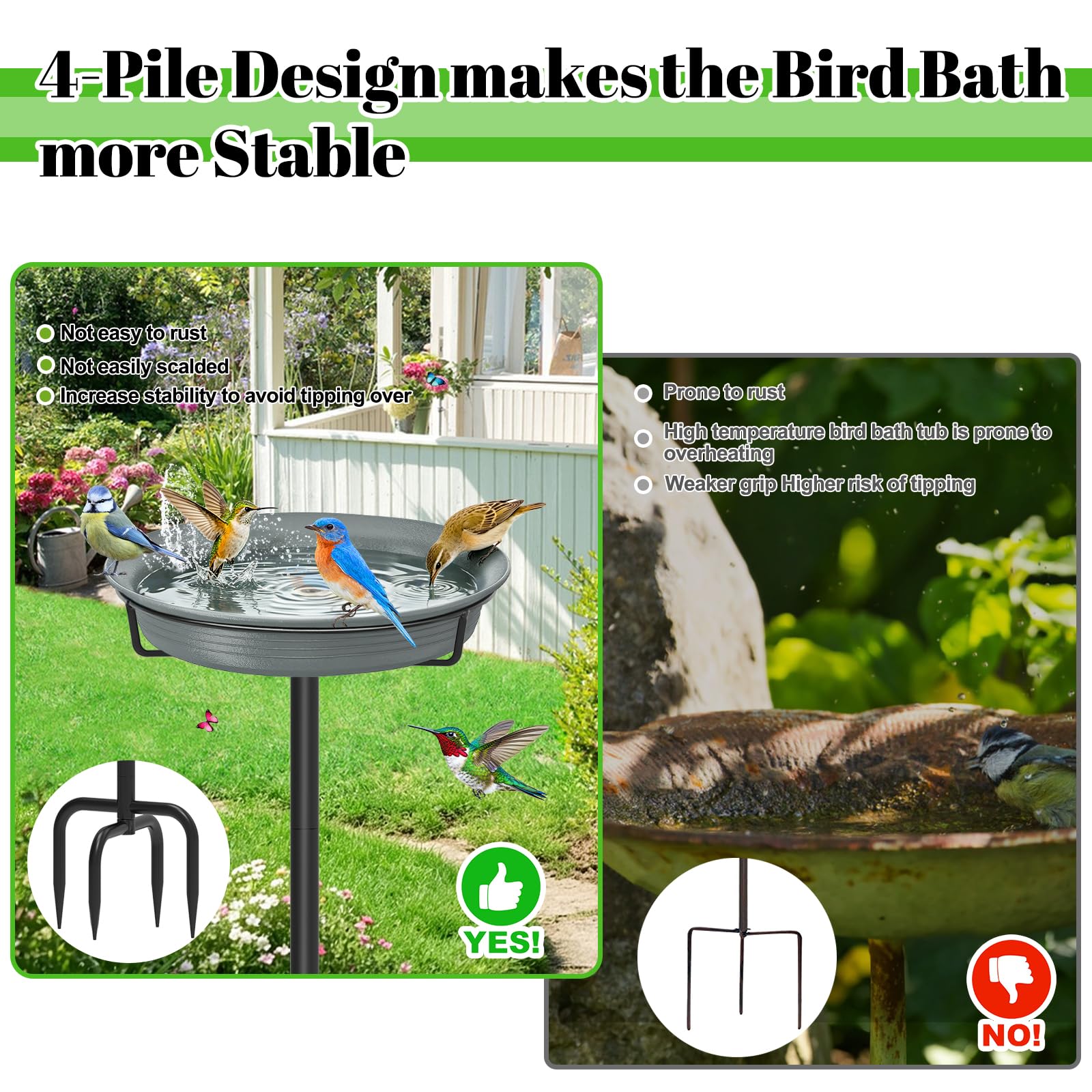 Bebedero de exterior para pájaros, cuenco de 71 cm, con estaca de metal, decoración desmontable, para jardín, terraza, patio, césped, base de 4 pies en punta (gris)