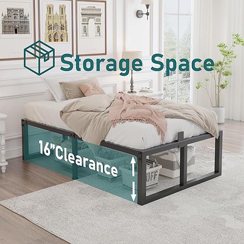 Miniatura 37 de Marco de cama de tamaño matrimonial, soporte resistente de 14 pulgadas, plataforma de metal de 3500 libras, no necesita somier, sin ruido,