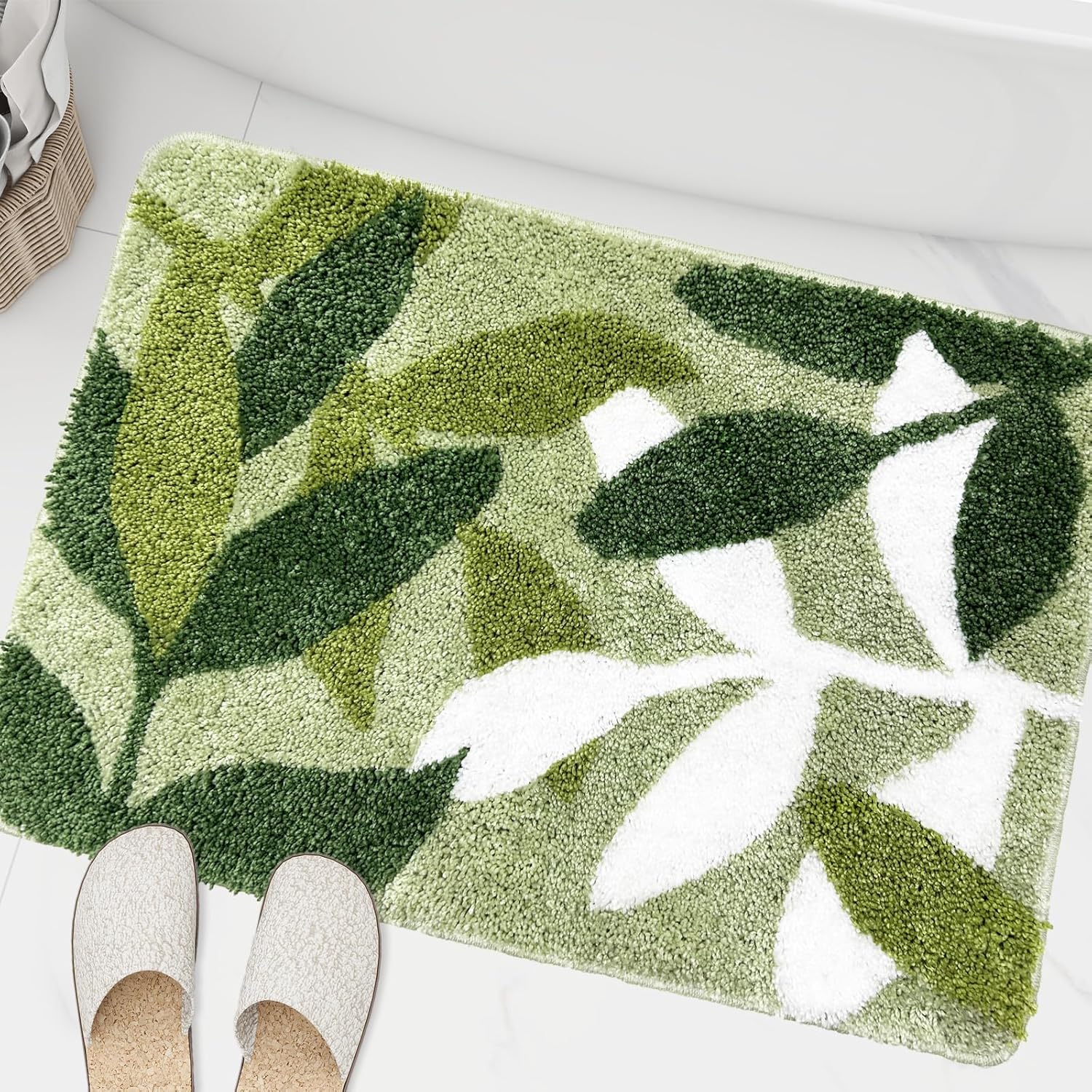 ZebraSmile Sage Bathroom Rugs - Green Leaves Bath Mat Soft Water Absorbent Bath Rug with Non Slip Back