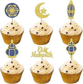Glitter Gold and Blue Eid Mubarak Cupcake Toppers, Moon and Star Eid Cupcake Topper, Eid Al-Adha Cupcake Topper, Eid Mubarak Decorations for Cupcake Topper, Eid Ramadan Party Decoration Muslim Party Supplies