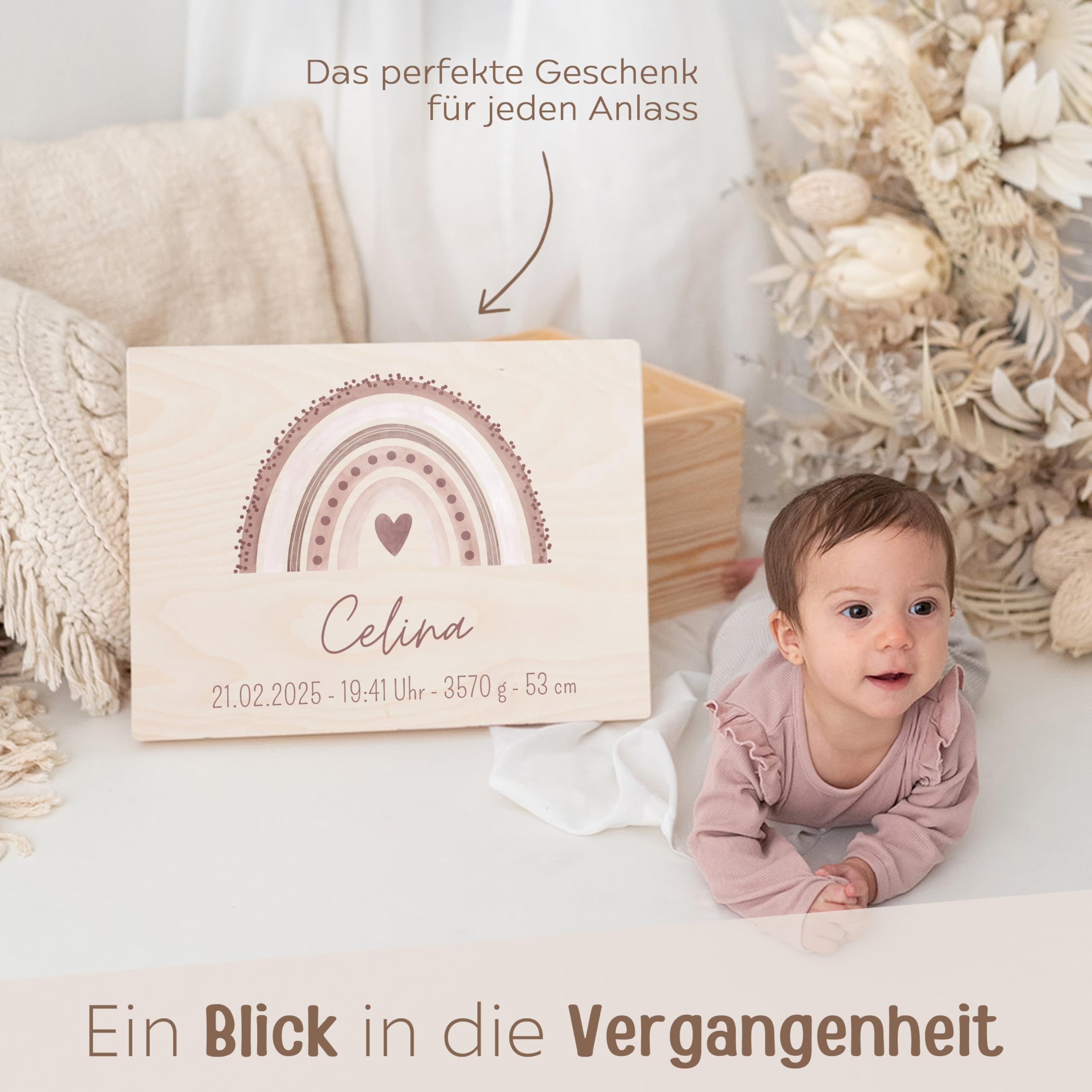 wunderwunsch® - Personalisierte Erinnerungsbox Baby mit Spezial-Druck - Baby Erinnerungsbox - Erinnerungskiste aus Holz - Geschenk zur Geburt (rosa, M flach | Klappdeckel)