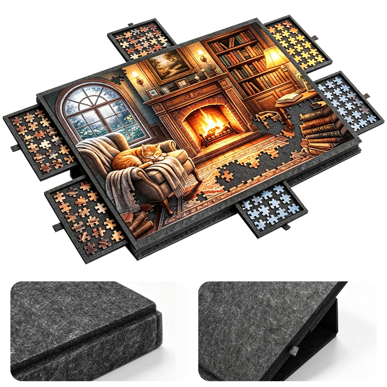 Planche de puzzle 77 x 53,6 cm, table de puzzle 2 en 1 avec 6 tiroirs et support, tapis de puzzle en feutre pour jusqu'à 1000 pièces, planche de puzzle portable pour adultes et enfants, gris