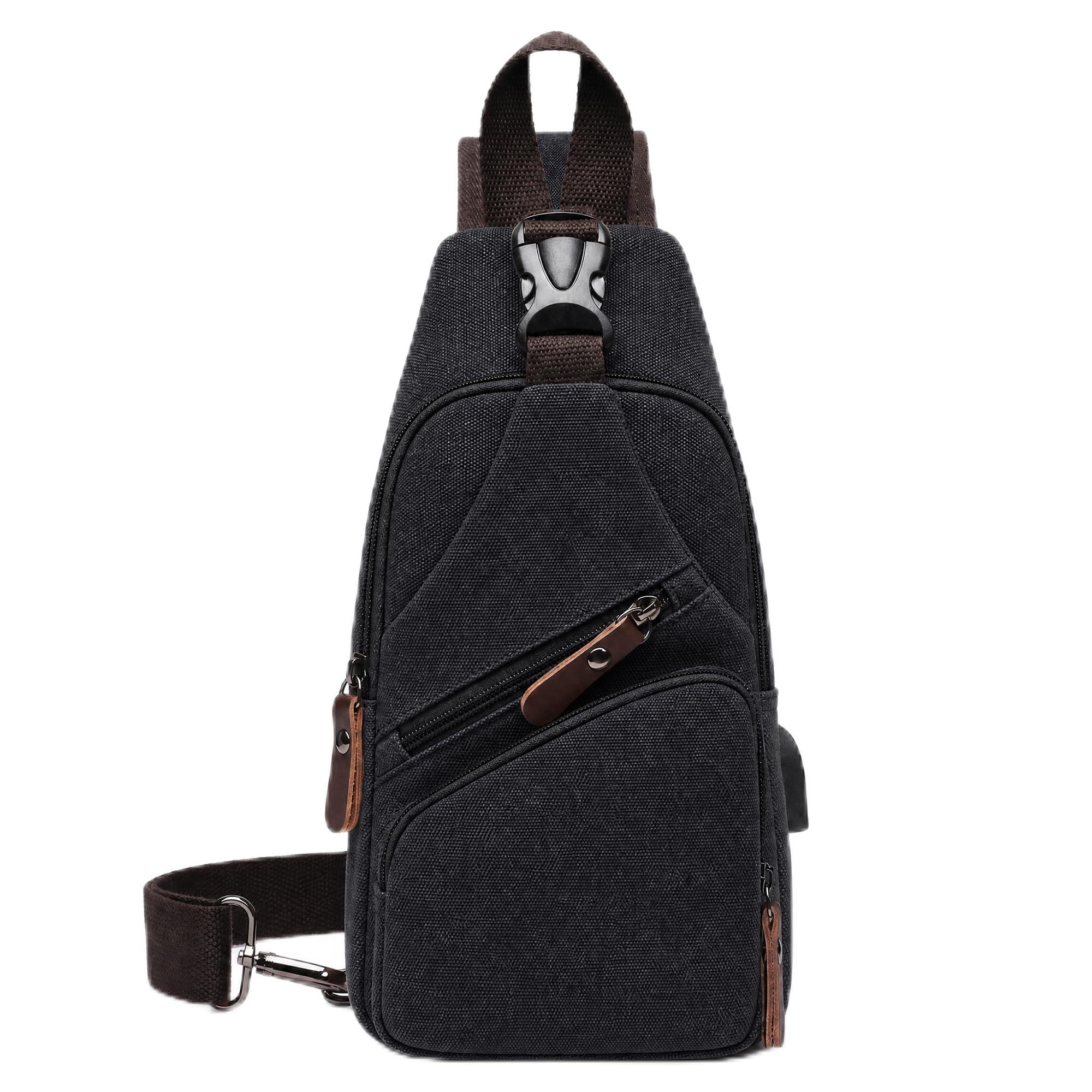 VARLIVOO Retrò Zaino Monospalla Uomo Zaini a Tracolla in Tela con Ricarica USB Pacco Petto Sportiva Borsello a Spalla Sling Bag Antifurto Zainetto Piccolo per Viaggio Campeggio Ciclismo Nero