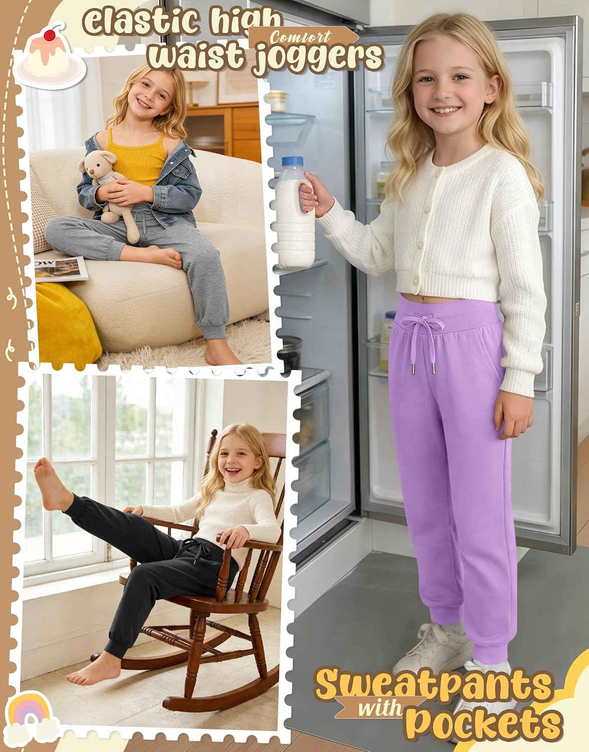 4 Pack Girls Joggers Sweatpants 5-14Y Casual Drawstring Elastic High Wide Waist Baggy Athletic Pants with Pockets