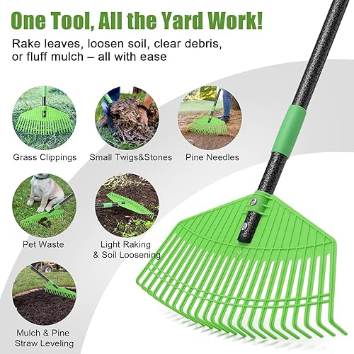 Miniatura 4 de Rastrillo de hojas resistente para césped, rastrillo de plástico grande de 16.5 pulgadas para hojas con púas reforzadas, herramienta de mango largo