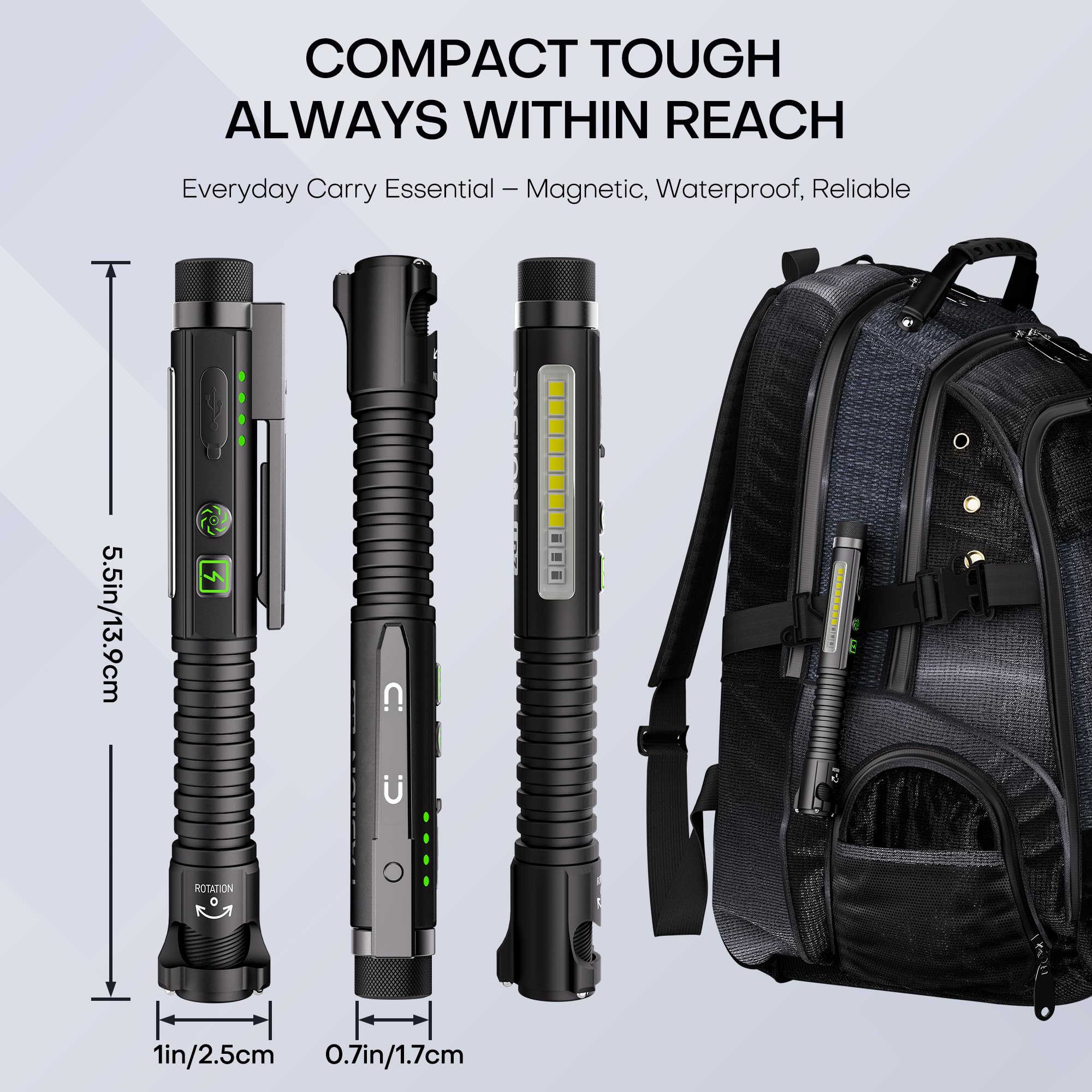 EDC - Torcia ricaricabile da 780 lumen, piccola torcia a LED con clip magnetica e base, 11 modalità, ricarica USB-C, interruttore di vetro e apribottiglie, torcia compatta per lavoro, casa e