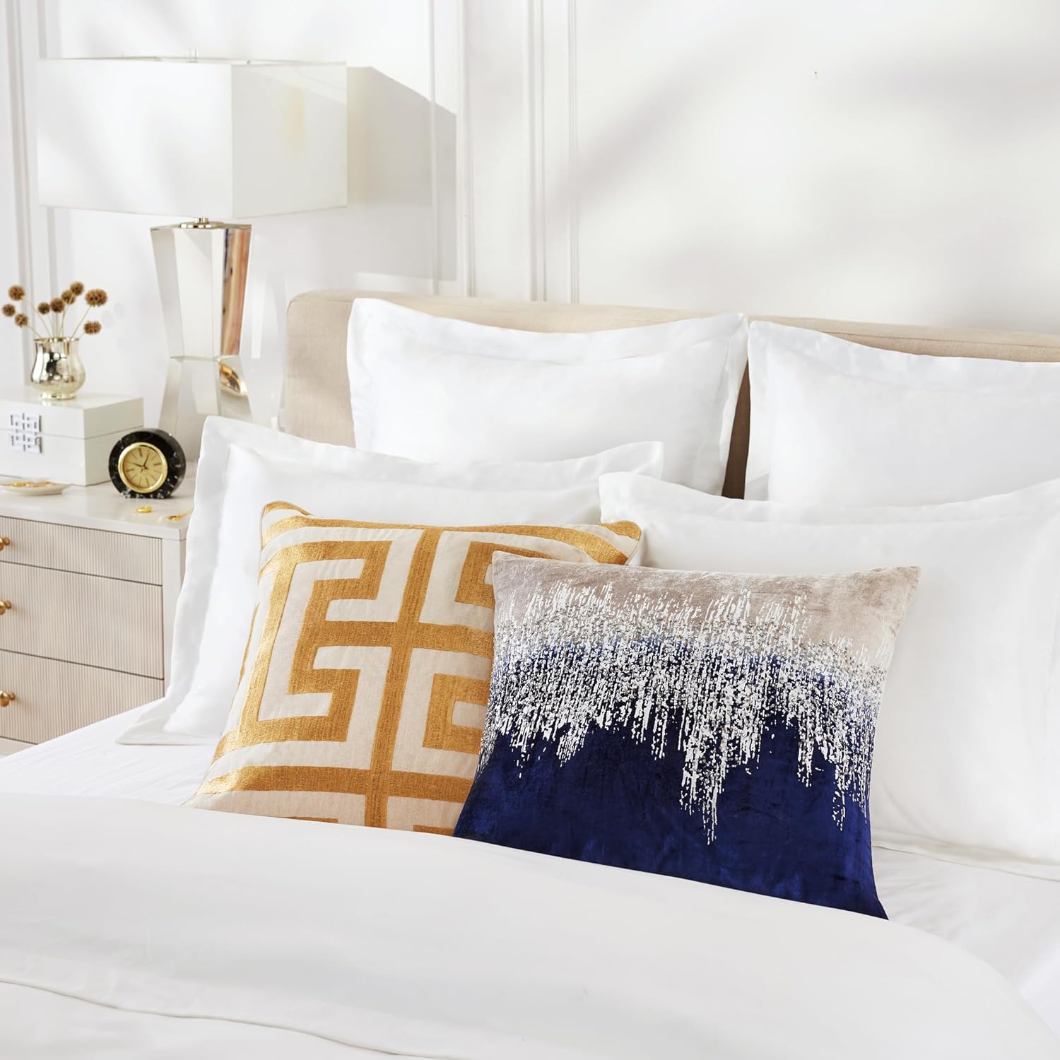 Z Gallerie Joie De Vivre Throw Pillow, Luxe Hand-Beaded Velvet Decorative Cushion with Ombré Effect & Metallic Foil Print, Premium Accent Soft Pillow for Sofa, Bed & Living Room, 22" x 22", Sapphire