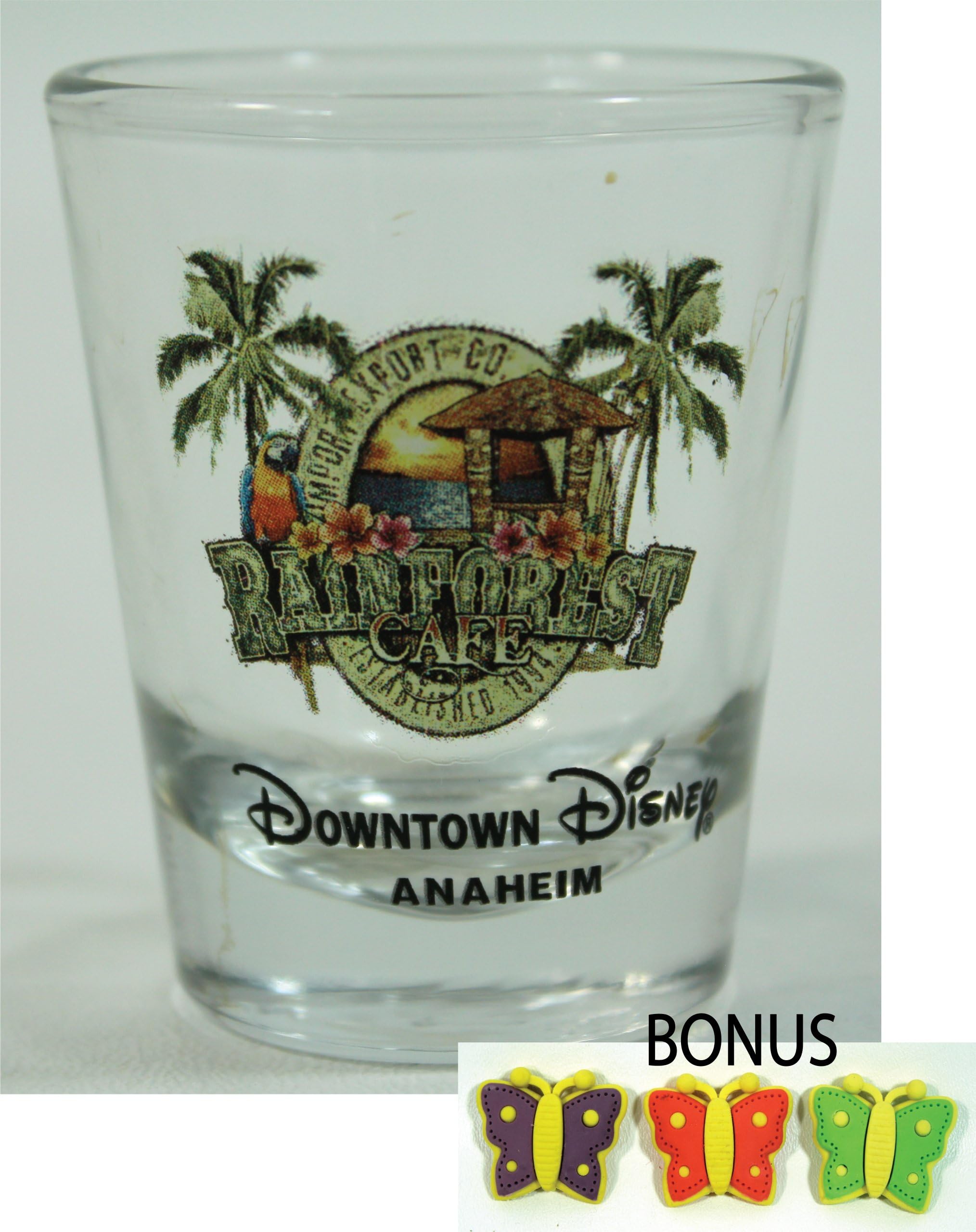 DOWNTOWN DISNEY Rainforest Cafe Shot Glass (Comes Sealed) Disney Theme Parks Exclusive & Limited Availability - BONUS Butterfly Erasers Included