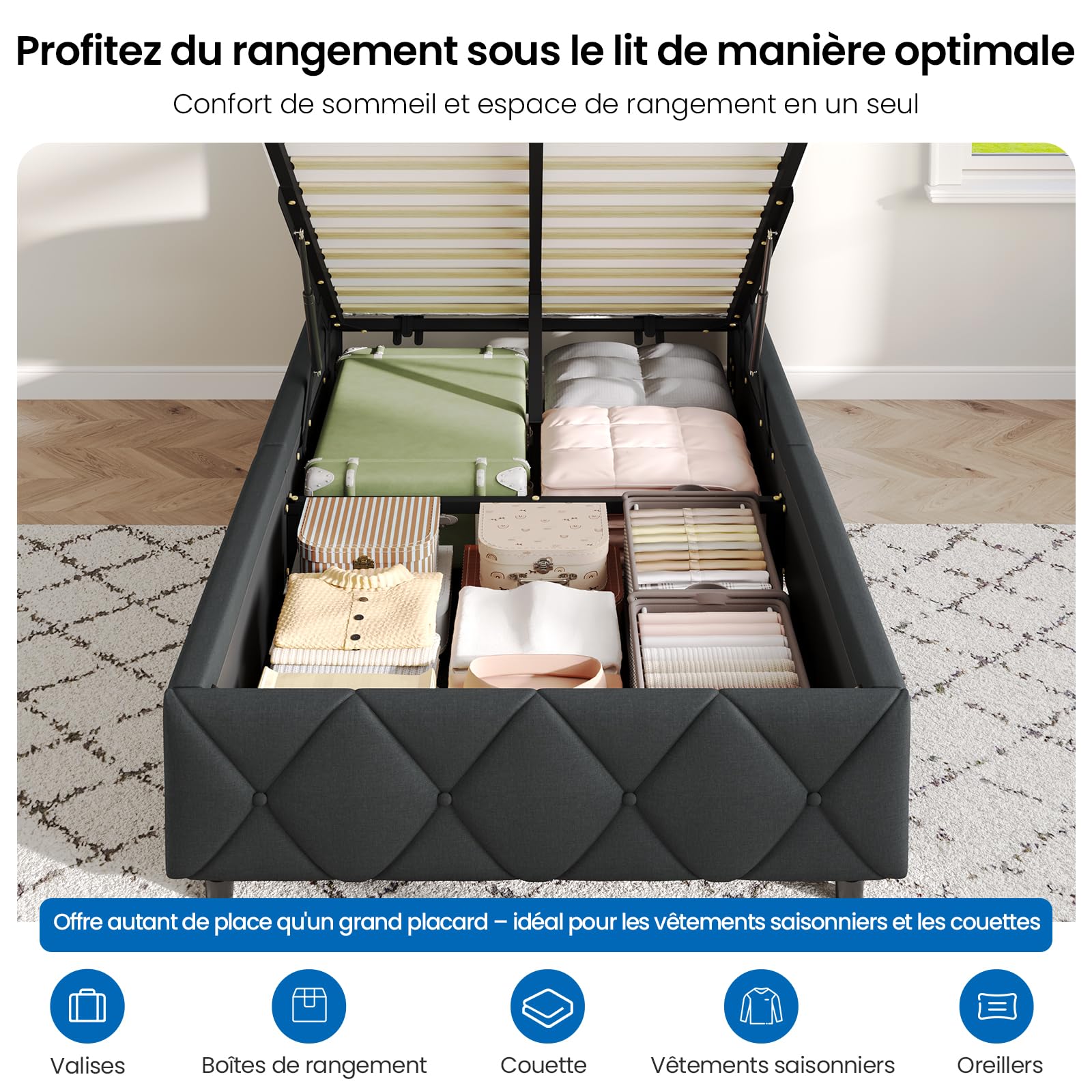 Brinlawb Lit Coffre 90x190 cm avec Éclairage LED et Multiprise, Tête de Lit Capitonnée avec Rangement Caché et Étagères Ouvertes, Lit 90x190 avec Sommier, Système Hydraulique, Lit 1 Personne, Gris
