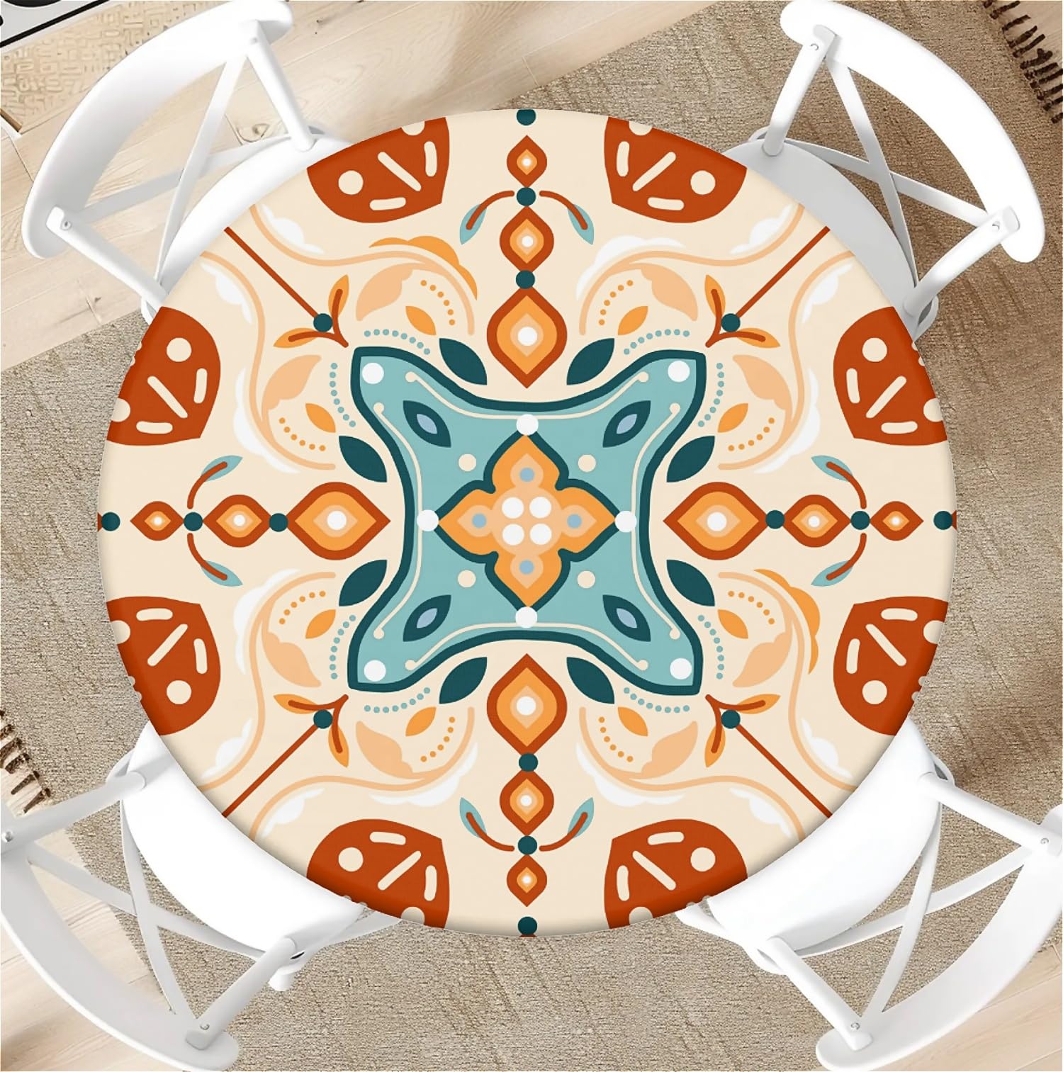 artslion Round Tablecloth with Elastic Band 60In-150cm Outdoor Garden Table Cloth with Four-corner Pattern Pattern Fits 54"-58" Wide Tables