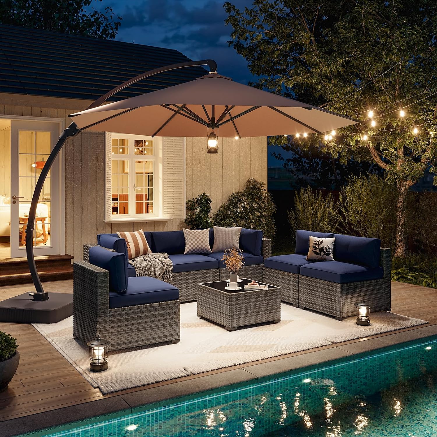 Aoxun Patio Furniture Sets, 8-Piece Outdoor Patio Furniture with 11FT X 11FT Cantilever Umbrella, Wicker Outdoor Conversation Set Sectional Sofa for Backyard, Poolside, Garden