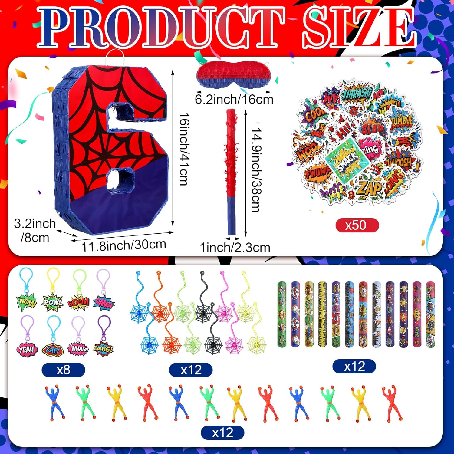 Spider Birthday Decorations Party Favors, Number 6 Spider Pinata with Pinata Stuffers for 6th Birthday Party, 16 x 12 x 3.2 Inches Spider Pinata with Stick Blindfold Confetti and Fillers Anniversary