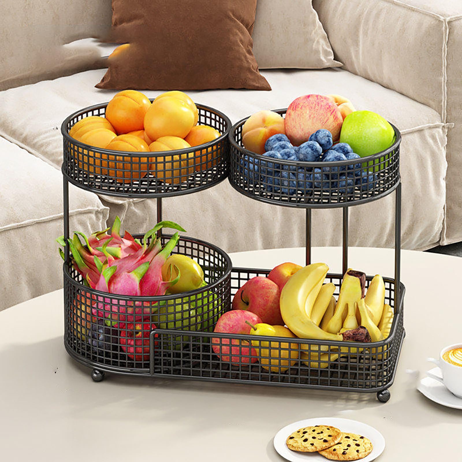 YYLMKMFC-AE 2 Tier Fruit Basket For Kitchen Counter Metal Bowl Vegetable Storage Corner Stand Bread Snack Veggies Holder Organizers(Black,40x20x28cm)