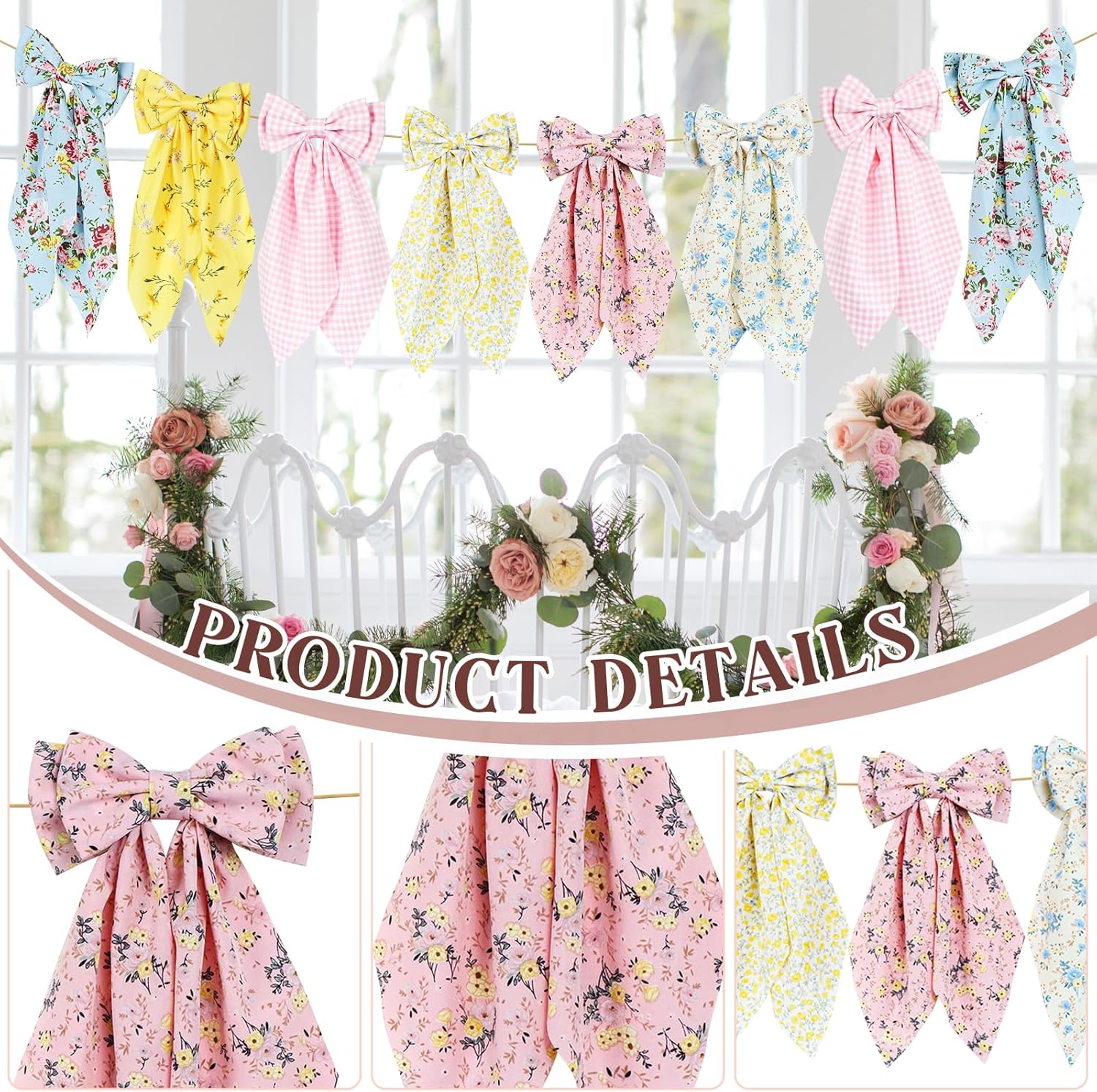 Spring Floral Bow Garland, Pink Gingham Fabric Bow Banner, Vintage Spring Flower Bows Hanging Garland for Mantel Wall Decor, Garden Floral Baby Shower, Birthday, Wedding, Flower Tea Party Decorations