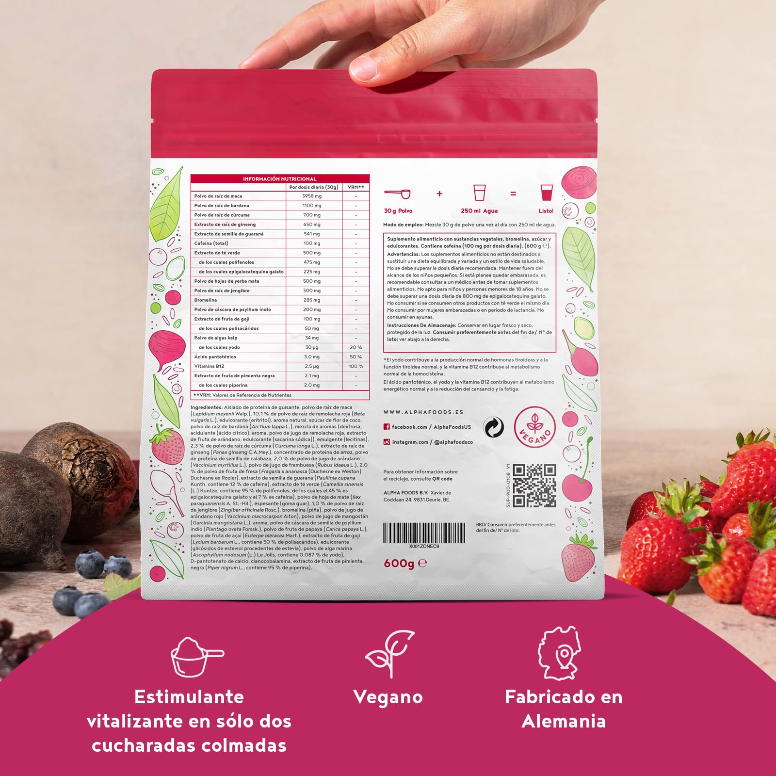 Elixir Energético | 600 Gramos | Superfood Smoothie Powder con raíces y bayas: Maca, Cúrcuma, Guaraná, Yerba Mate, Frambuesas, Açai, Bayas de Goji | Alternativa al Café | Alpha Foods