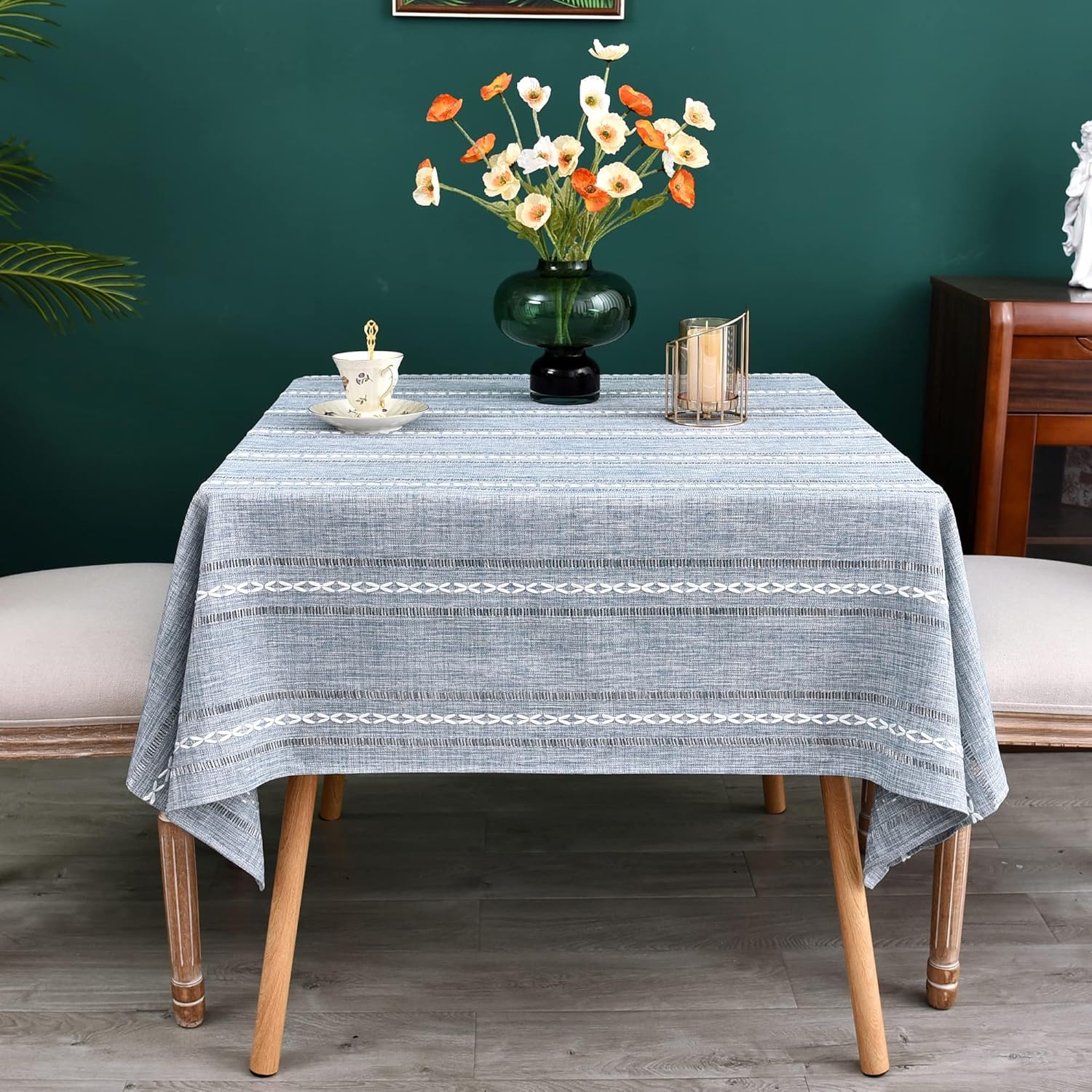 NEWISHER Rustic Farmhouse Embroidered Square Tablecloth Jacquard Striped Table Cloth Linen Texture Washable Dining Table Cover Kitchen Dining Home Decoration Blue and Grey 70x70 inch