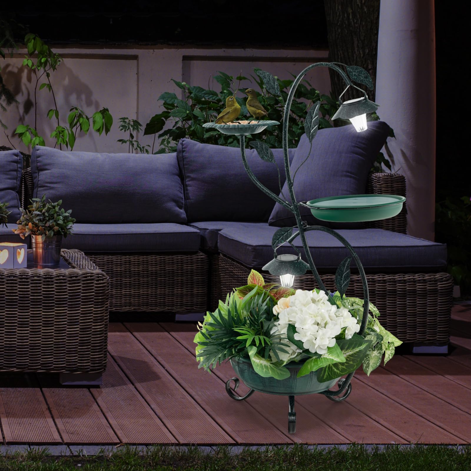 GYMAX 83 CM Fontana per Uccelli con 2 Luci LED Solari, Mangiatoia per Uccelli Vintage con Base per Fioriera, Telaio Metallico Robusto, Fontana Ornamentale per Giardino