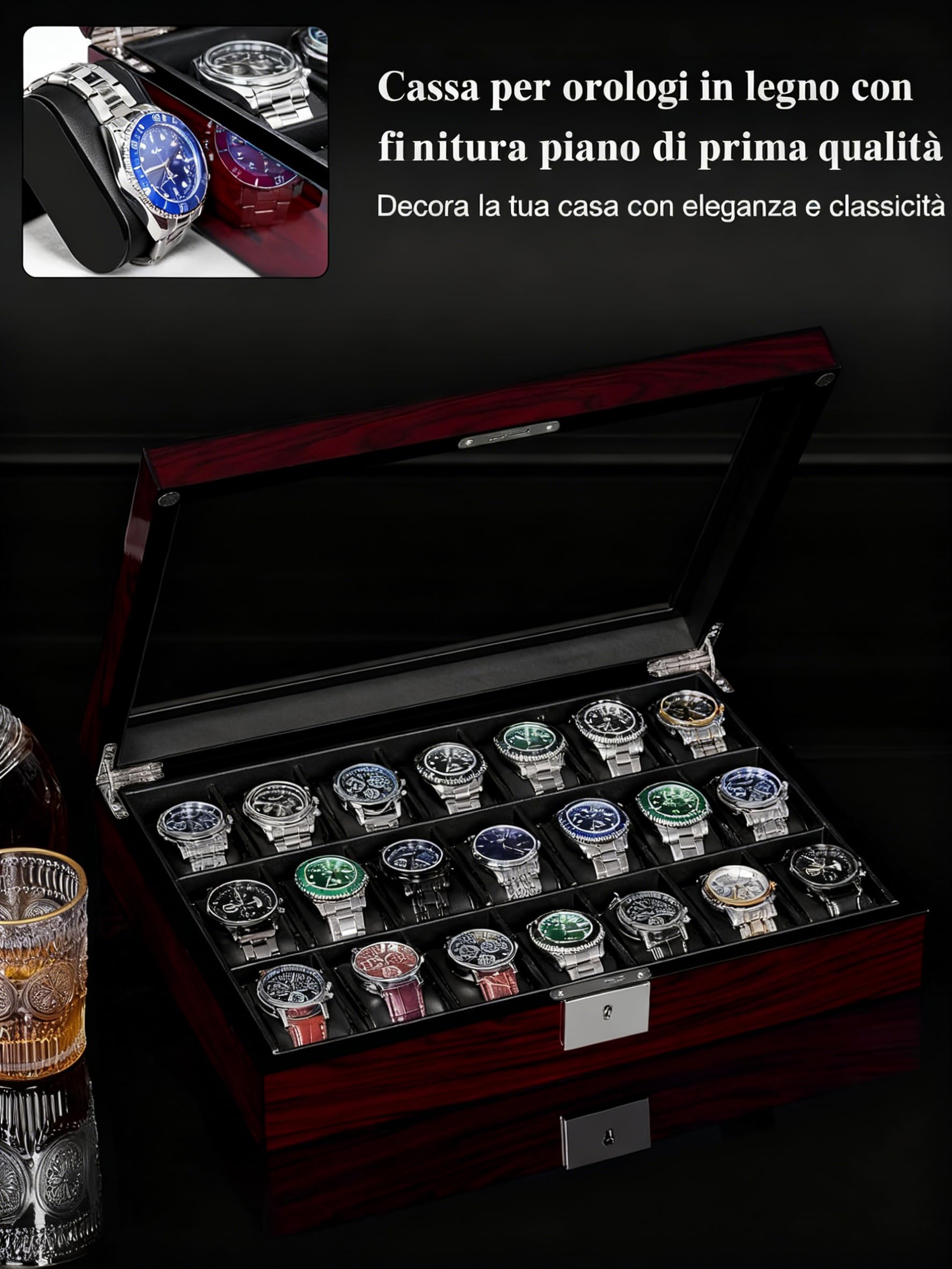 ANWBROAD Porta Orologi Uomo 21 scomparti Scatola Porta Orologi Uomo con Coperchio in Vetro Grande con Serratura Organizer per Orologi Regalo di Lusso JWB004Y