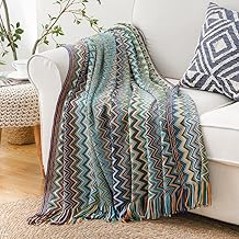 BATTILO Home Boho Throw Blanket with Fringe Super Soft Bohemian Knit Throws for Sofa,Couch,Chair, Bed (50"x60", Blue)