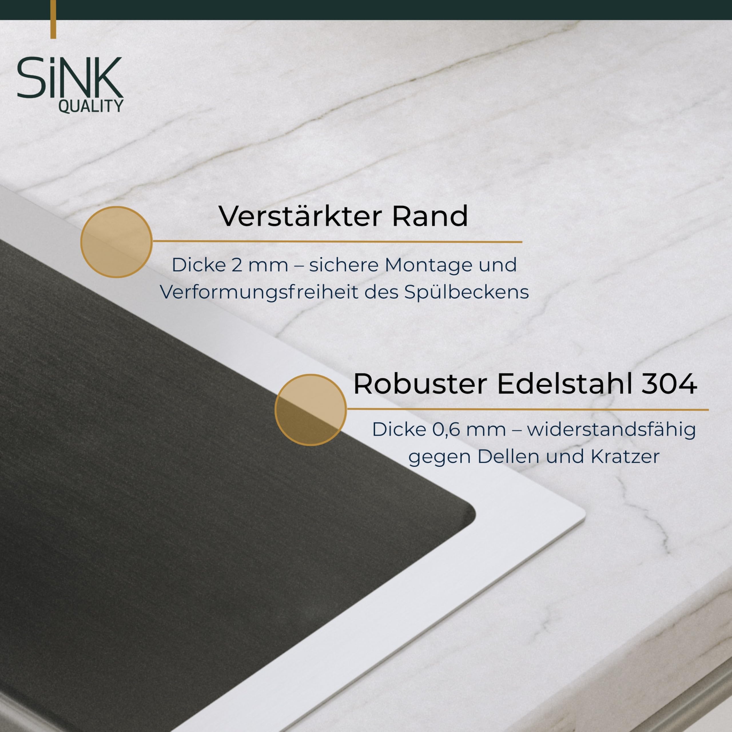 Sink Quality zlewozmywak ze stali nierdzewnej 50 x 45 cm – odporna na zarysowania powłoka PVD i oszczędzający miejsce syfon, zlewozmywak ze stali nierdzewnej 304 do szafki pod umywalkę 50 cm, łatwy w