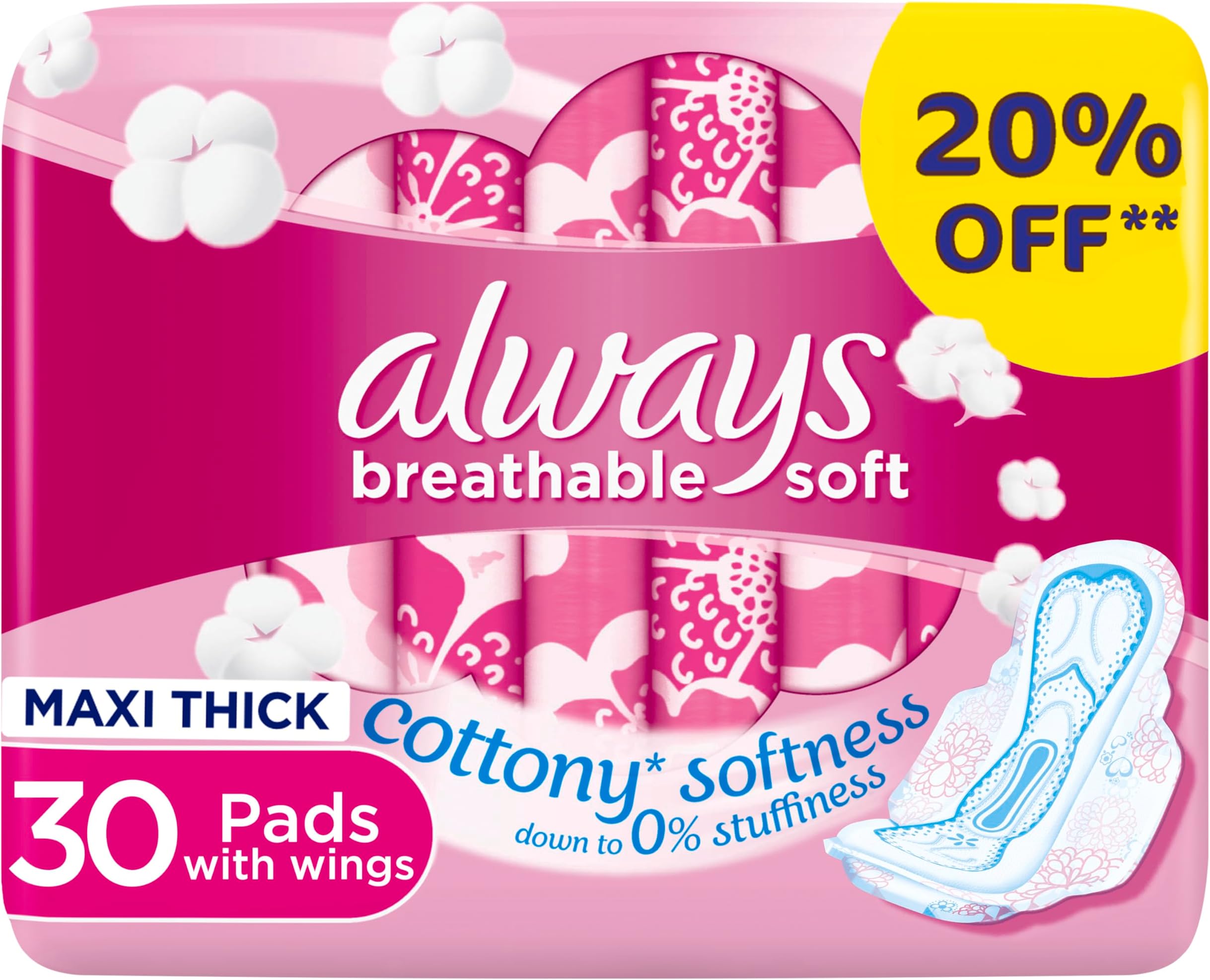 Breathable Soft Maxi Thick, Large Sanitary Pads With Wings, 30 Pads