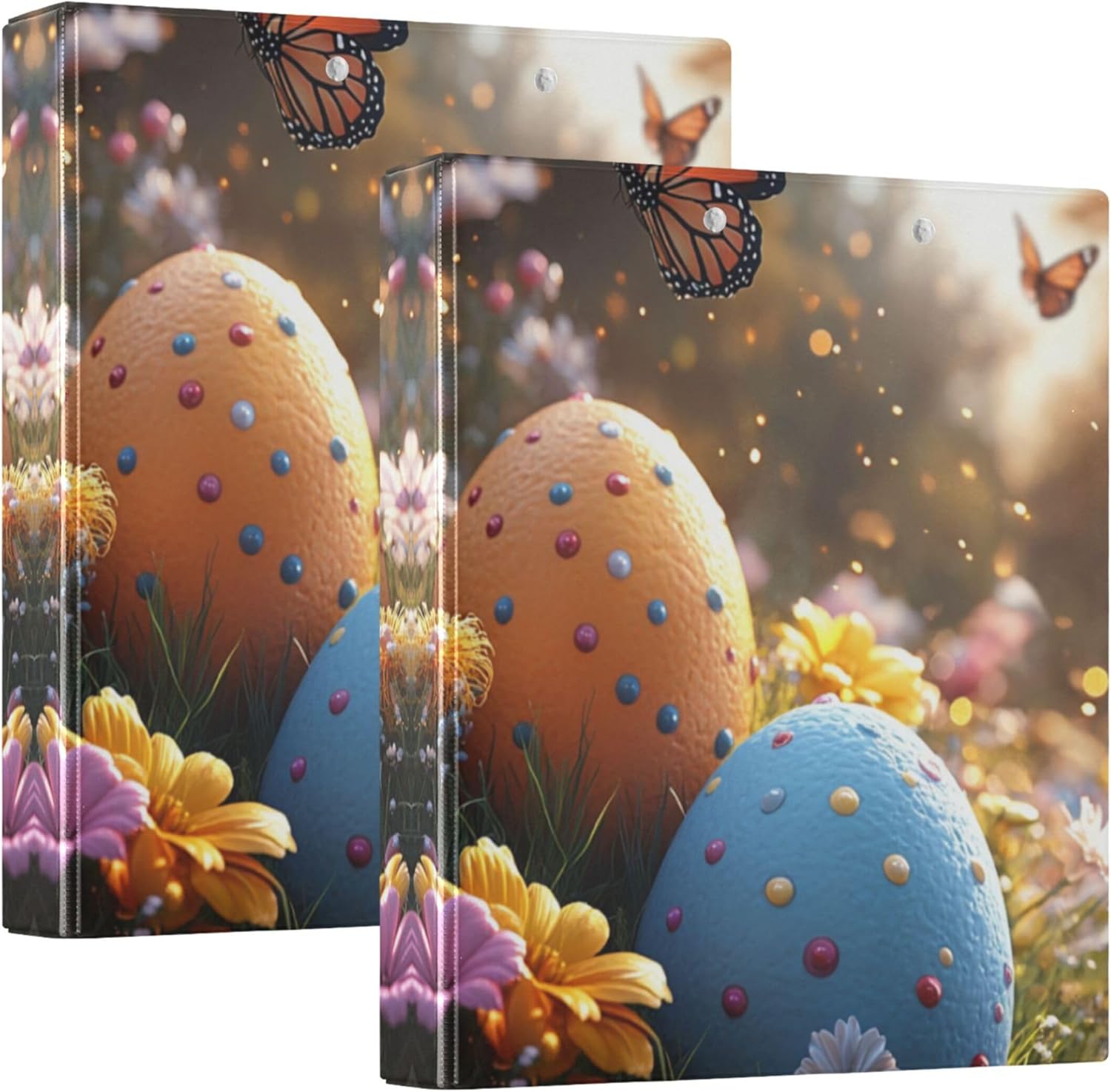 Happy Easter Eggs 3 Ring Binders, 1.5” Round Ring Binders with Clipboard - Letter Size, 3 Interior PVC Clear Pockets & Anti-Slip Clip for Office School Supplies, 2PCS
