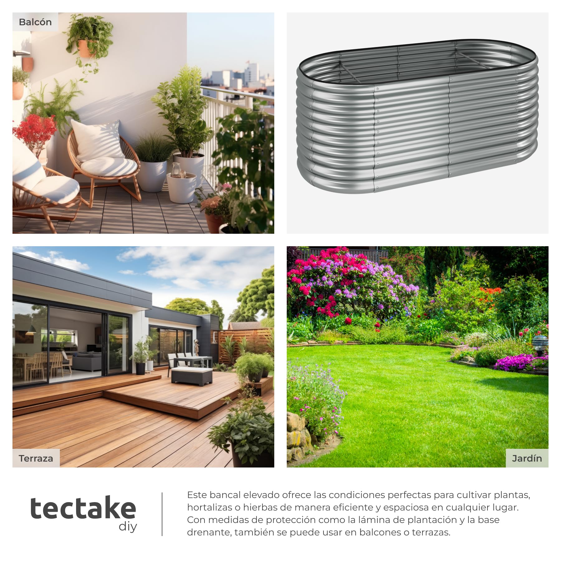 tectake® arriate Rectangular sin Base, Acero Resistente a la Intemperie, huerto Urbano, jardineras Exterior, Usar con Tierra para Plantas, Incluye Guantes - 100 x 200 x 80 cm Plateado Redondeado