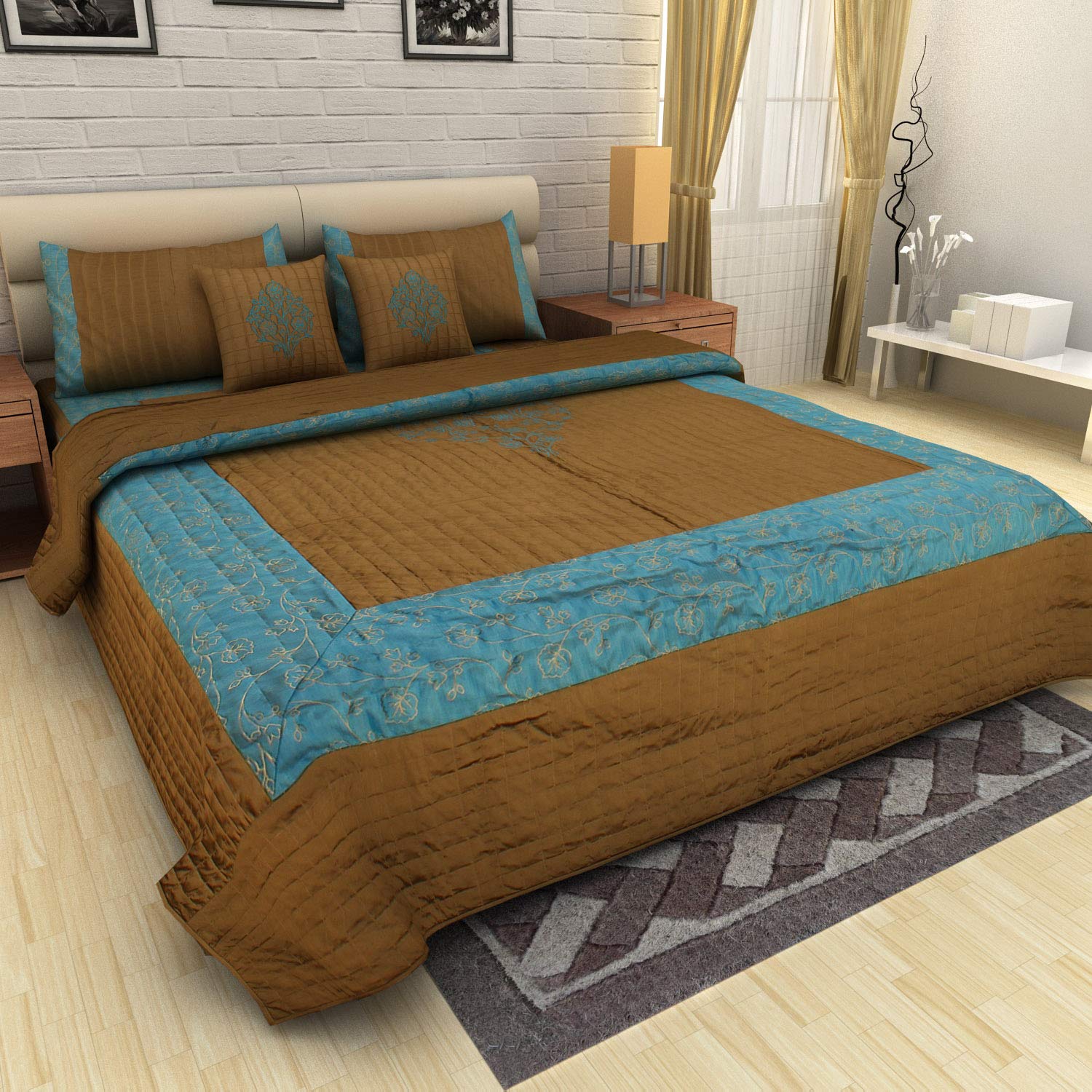 King Size Faux Silk Quilted Bedspread Printed Bed Cover with 2 Pillow Cover | Soft Fabric Breathable (92x108 Inch, Taupe)-image-25