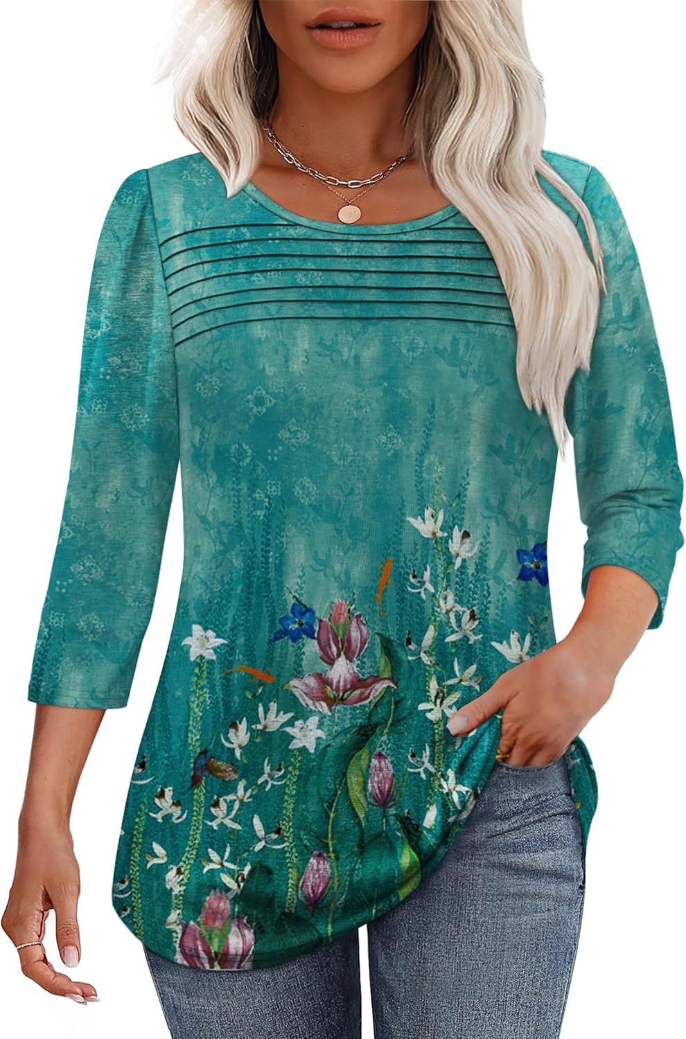 OFEEFAN Womens Tops 3/4 Length Sleeve Blouses Dressy Casual Spring Summer Fall Outfits Pleated Front T Shirts Curved Hem