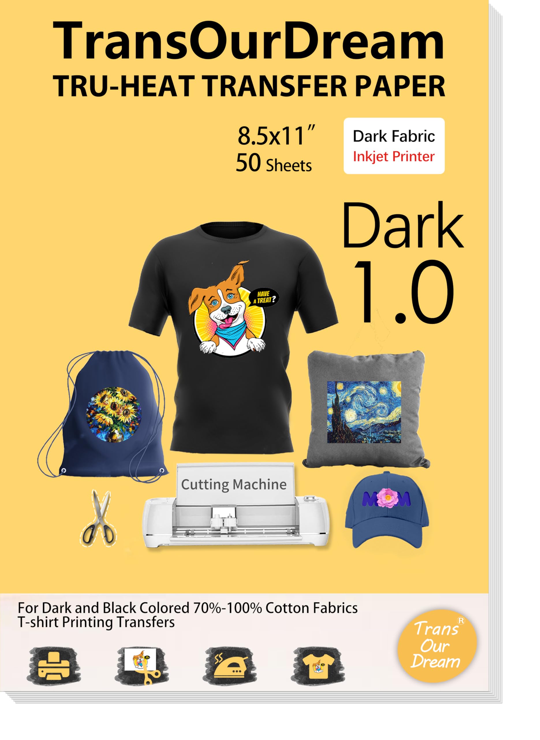 TransOurDream Heat Transfer Paper for Dark Fabric (50 Sheets, 8.5x11) Printable Heat Transfer Vinyl for T-Shirts Iron on Transfers for Inkjet Printer