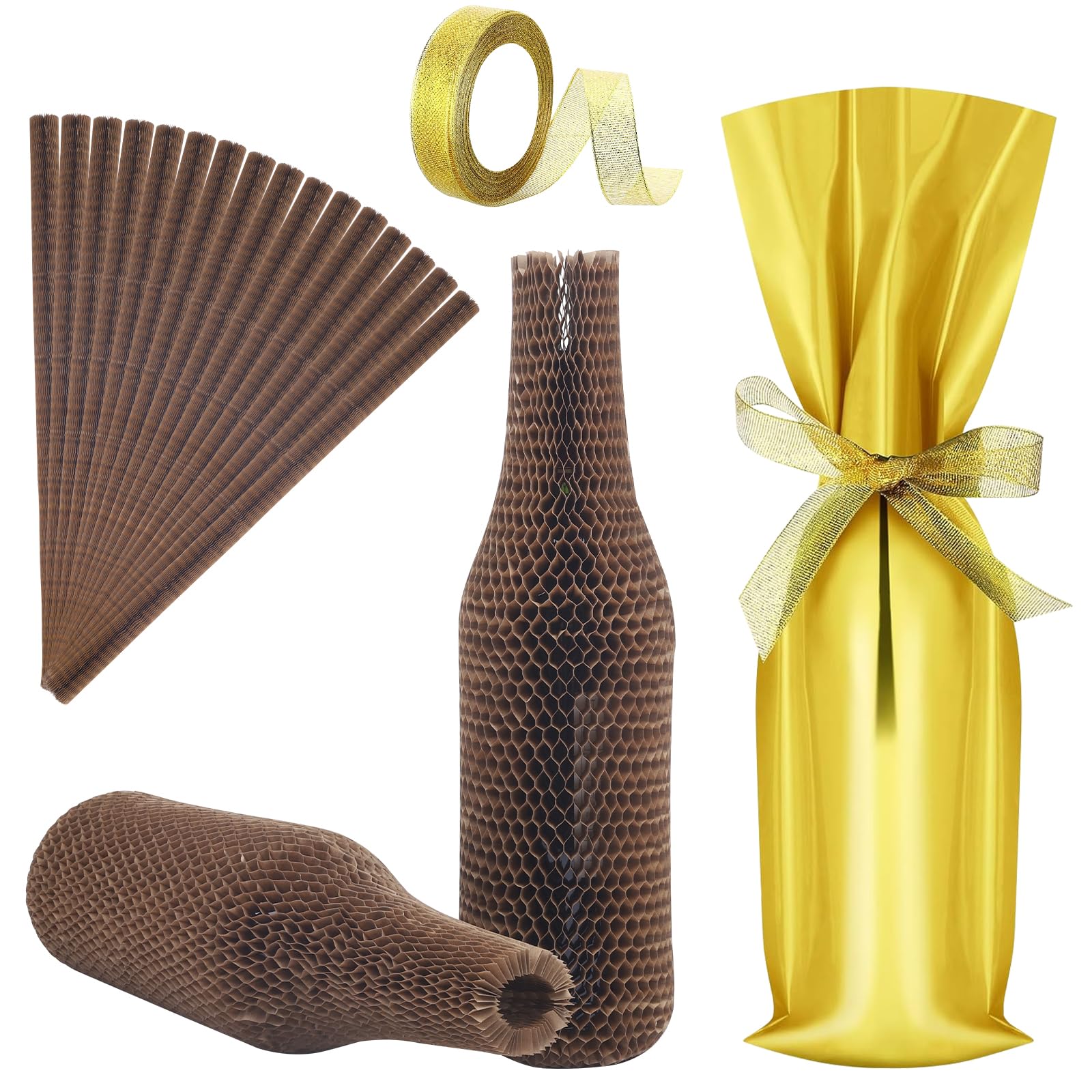 Lot de 30 sacs à vin en papier nid d'abeille avec 30 sacs cadeaux dorés réutilisables, sacs de voyage incassables pour avion, voyage, voiture, résistants aux chocs