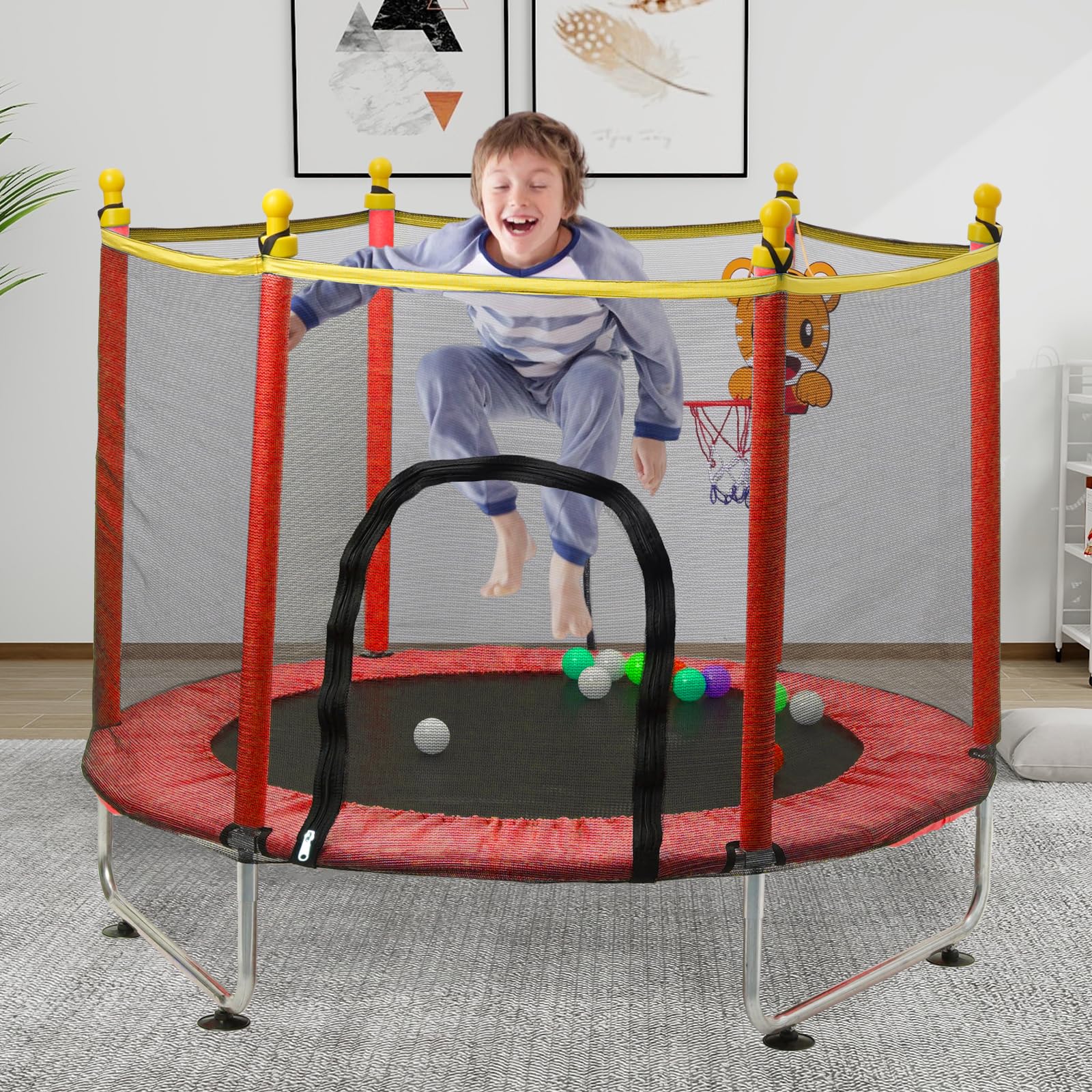 Dziecięca trampolina 140 cm, Trampolim Criança na zewnątrz z siatką bezpieczeństwa, wewnętrzne elastyczne łóżka z koszem do koszykówki, trampoliny dla dzieci 2 3 lata