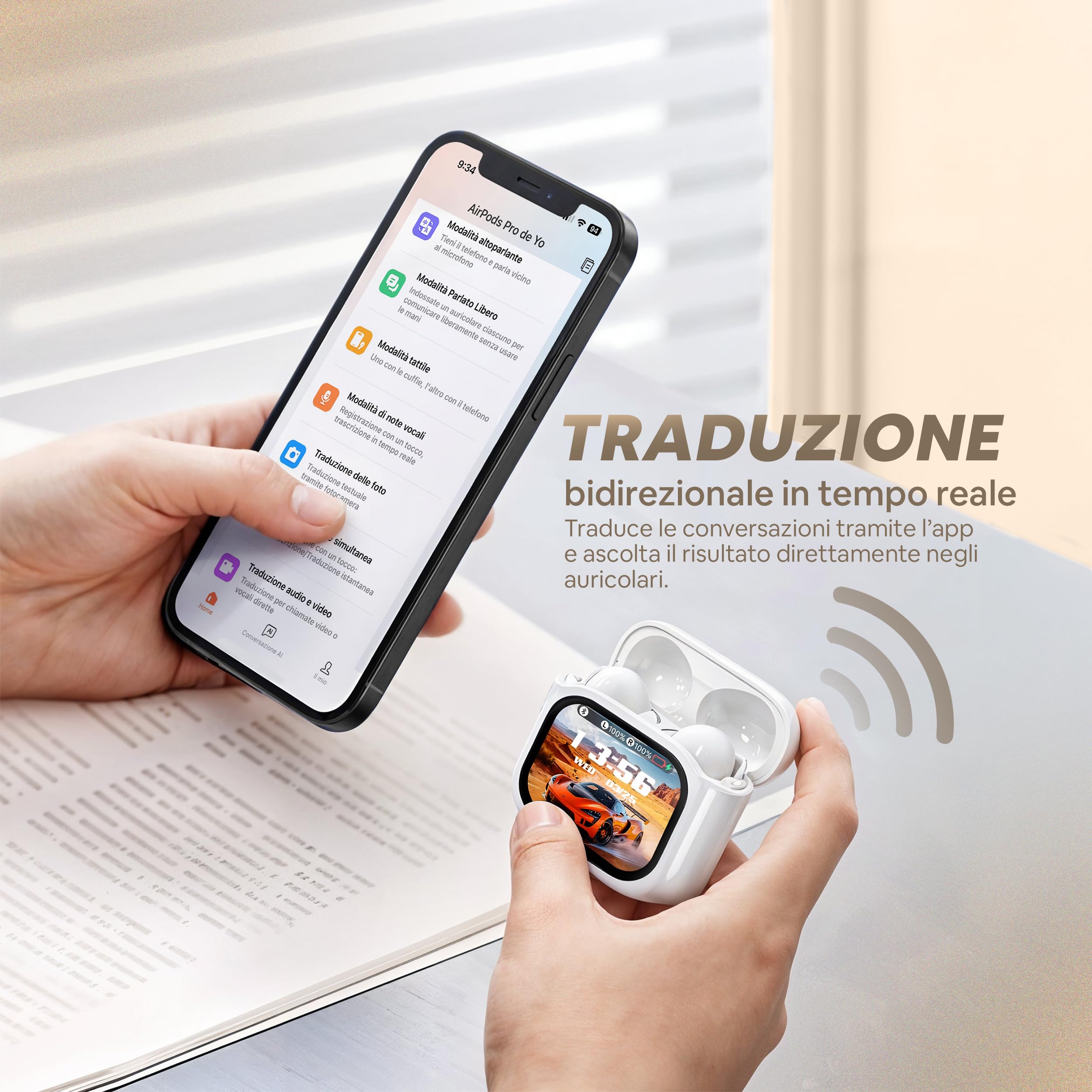 Cuffie Traduzione Simultanea con IA e 158 Lingue, Auricolari Traduttore Simultaneo per iOS e Android, Traduzione in Tempo Reale, ANC, Custodia Touchscreen