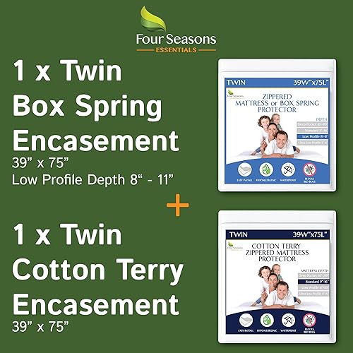 Paquete - 2 artículos: Protector de colchón con cremallera de tamaño individual y parte superior de algodón de rizo + funda de somier de tamaño