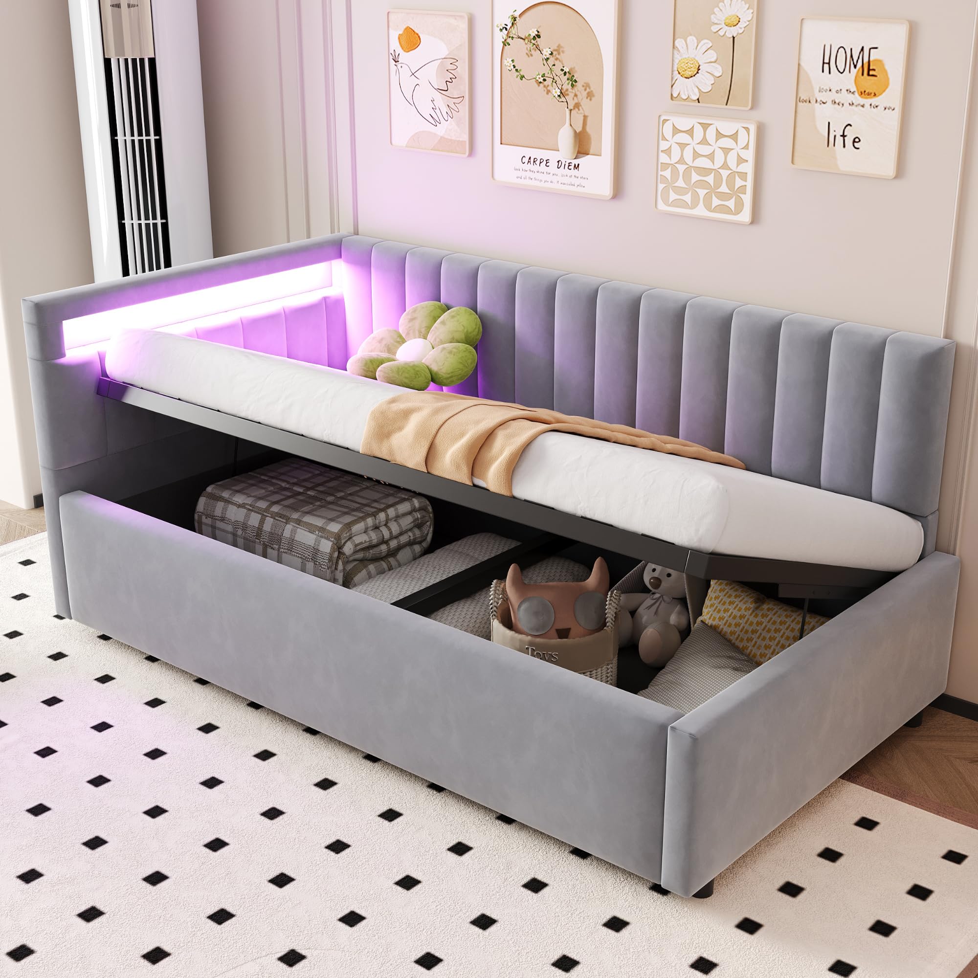 Divano letto imbottito 90 x 200 cm, con illuminazione a LED e spazio idraulico, design classico a righe verticali, testiere laterali con posizioni intercambiabili, rete a doghe, tessuto in velluto