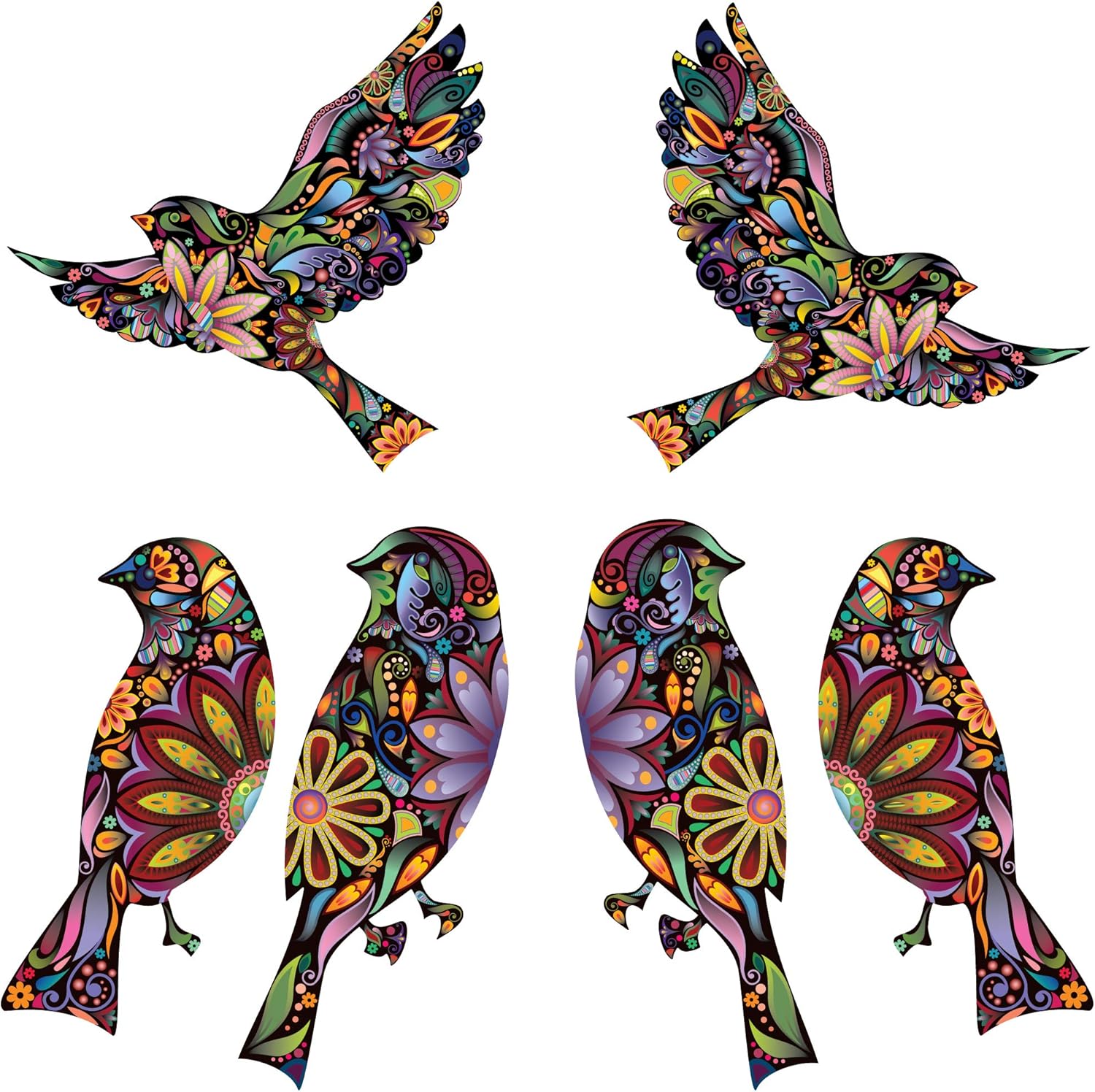 Bird Stickers in Lovely Flower Pattern - Set of 6 Bird Decals