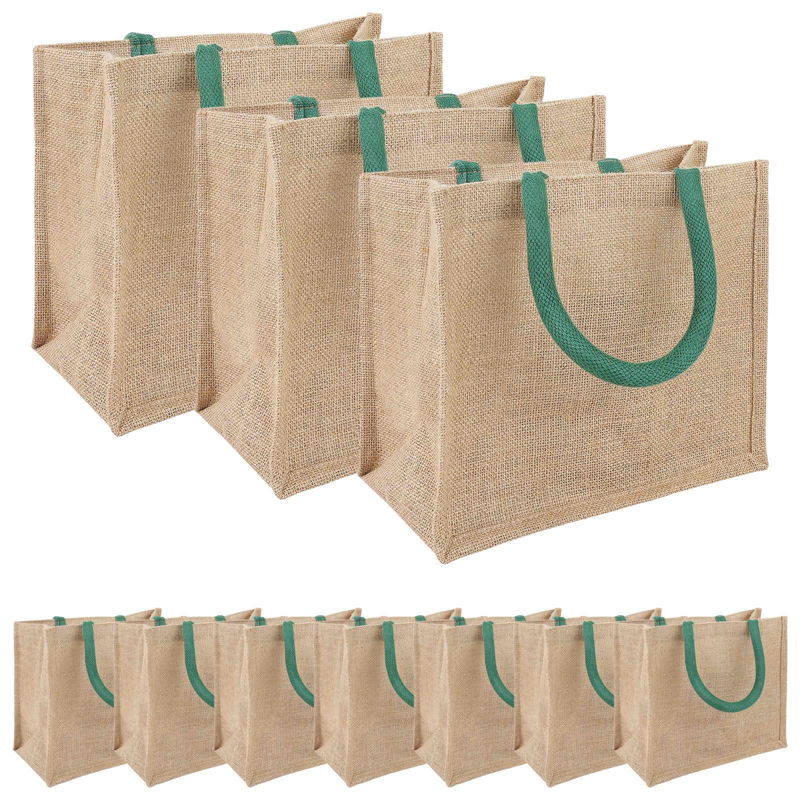Set di 10 borse per la spesa in iuta, 26 x 22 x 14 cm, ecologiche, con fodera interna laminata, per lo shopping e la vita quotidiana