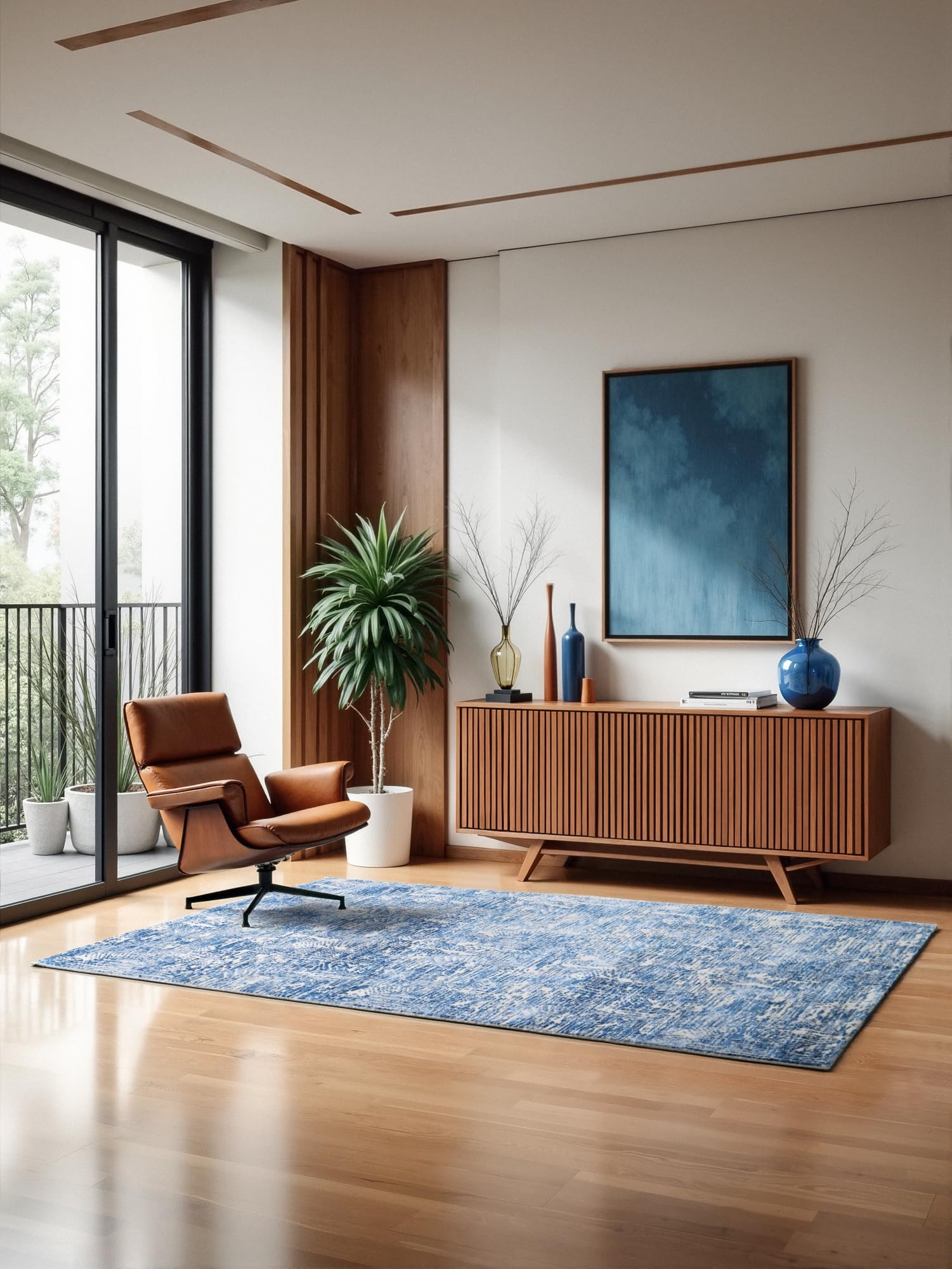 Mazovia Grand Tapis Salon 250x350cm Bleu Géométrique Hampton Motif 3D | Tapis pour Chambre Bureau Salle à Manger Anti-Allergène Chauffage au Sol Facile D'entretien Adapté aux Animaux Poils Courts