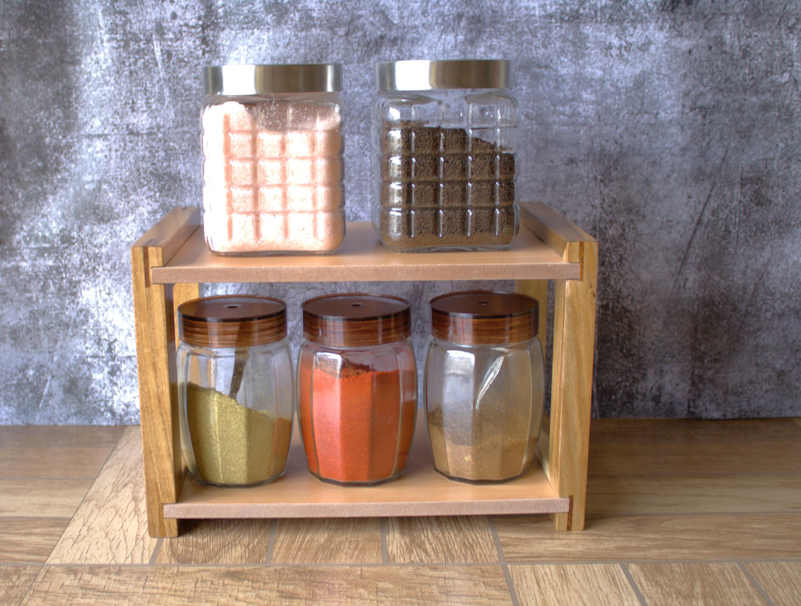 WOODKIT Multipurpose Wooden Triangluar Spice Rack Kitchen Counter Top Organizer 2-Tier Storage Shelves Jars And Bottle Holder & Decor Item Acacia Wood (Moderncountertop, Tiered Shelf) (B0D2DGNFHD) Amazon Price History, Amazon Price Tracker